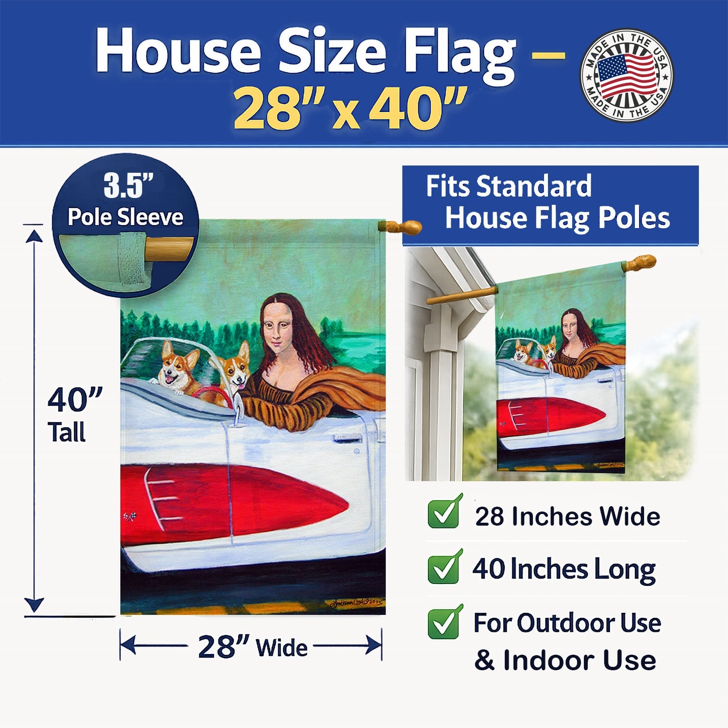 Mona Lisa with  Corgi House Flag 28x40 Porch Sleeve Pole Decorative Outside Yard Banner Artwork Wall Hanging, Polyester