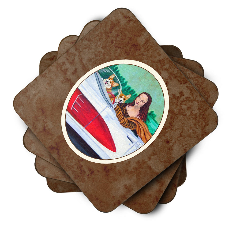 Mona Lisa with  Corgi Foam Coasters Set of 4 Cup Coasters for Indoor Outdoor, Tabletop Protection, Anti Slip, Mouse pad Material