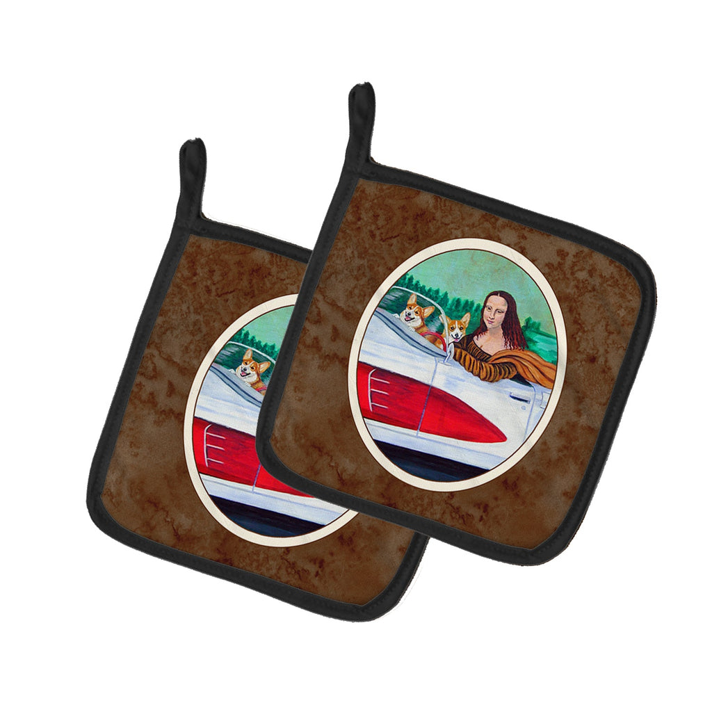 Mona Lisa with  Corgi Pot Holder Set of 2 Heat Resistant Quilted Hot Pads 7.5 x 7.5 Inch, Insulated Kitchen Trivets for Cooking & Baking