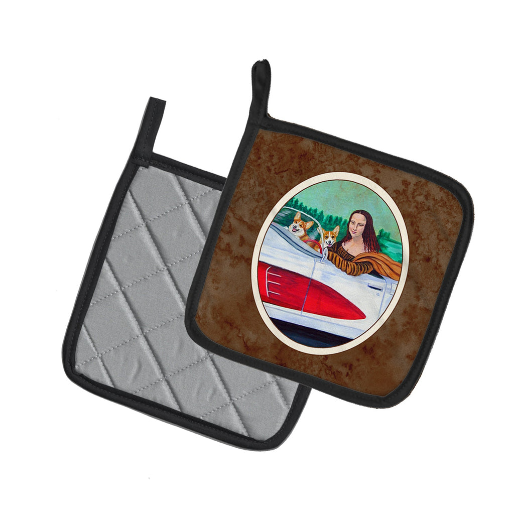 Mona Lisa with  Corgi Pot Holder Set of 2 Heat Resistant Quilted Hot Pads 7.5 x 7.5 Inch, Insulated Kitchen Trivets for Cooking & Baking