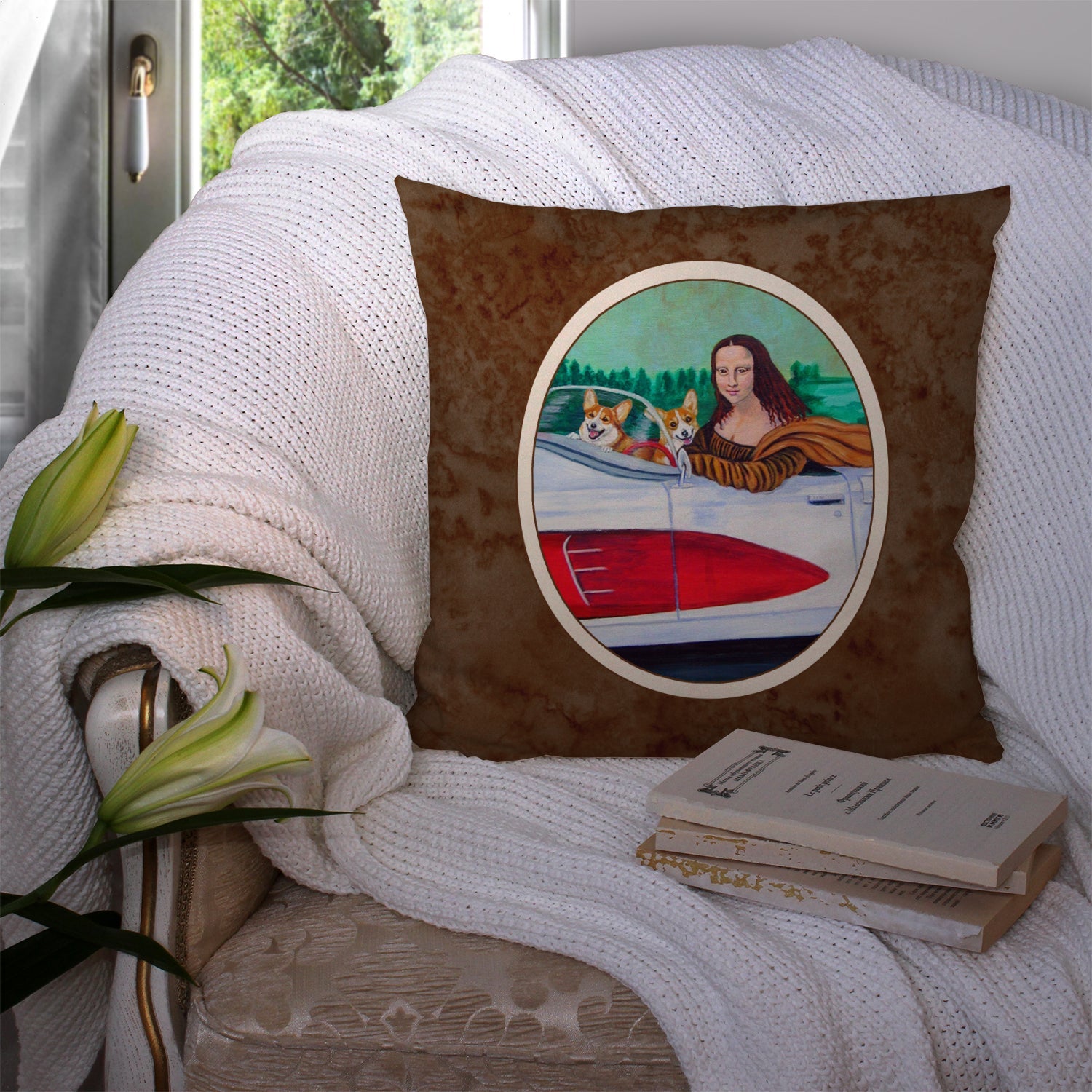 Mona Lisa with  Corgi Decorative Throw Pillow 14x14 Indoor Outdoor Accent Cushion, Fabric Cover with Insert for Sofa, Bed, Porch & Living Room