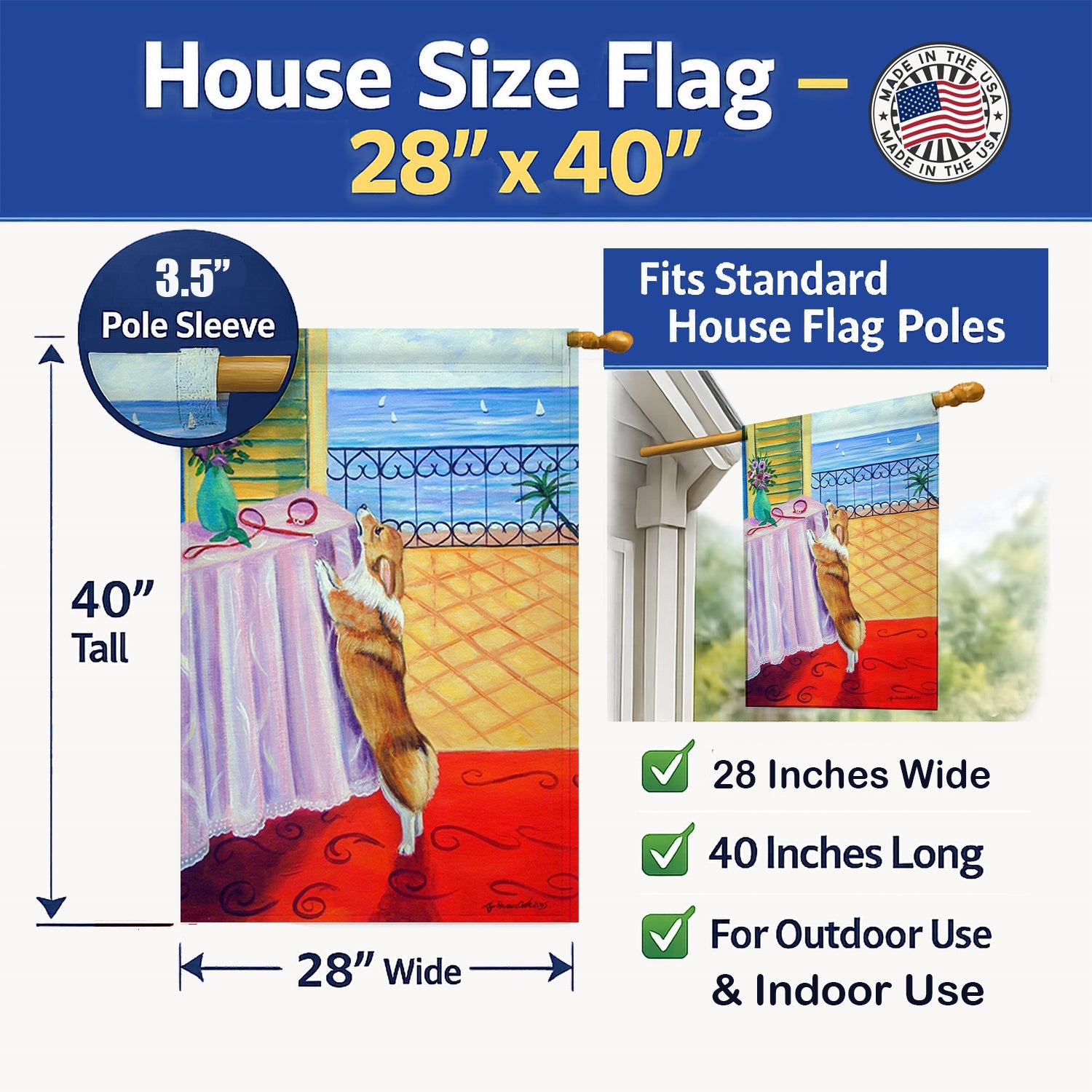 Corgi House Flag 28x40 Porch Sleeve Pole Decorative Outside Yard Banner Artwork Wall Hanging, Polyester