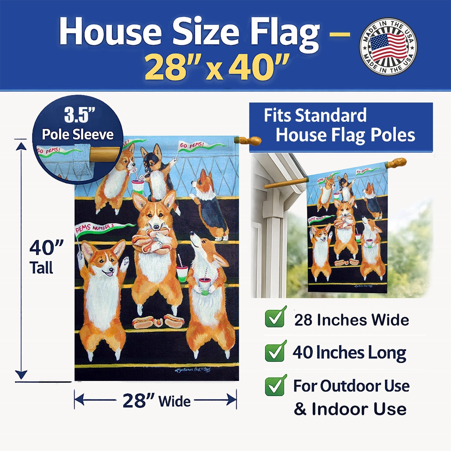 Go Team Corgi Pembroke House Flag 28x40 Porch Sleeve Pole Decorative Outside Yard Banner Artwork Wall Hanging, Polyester