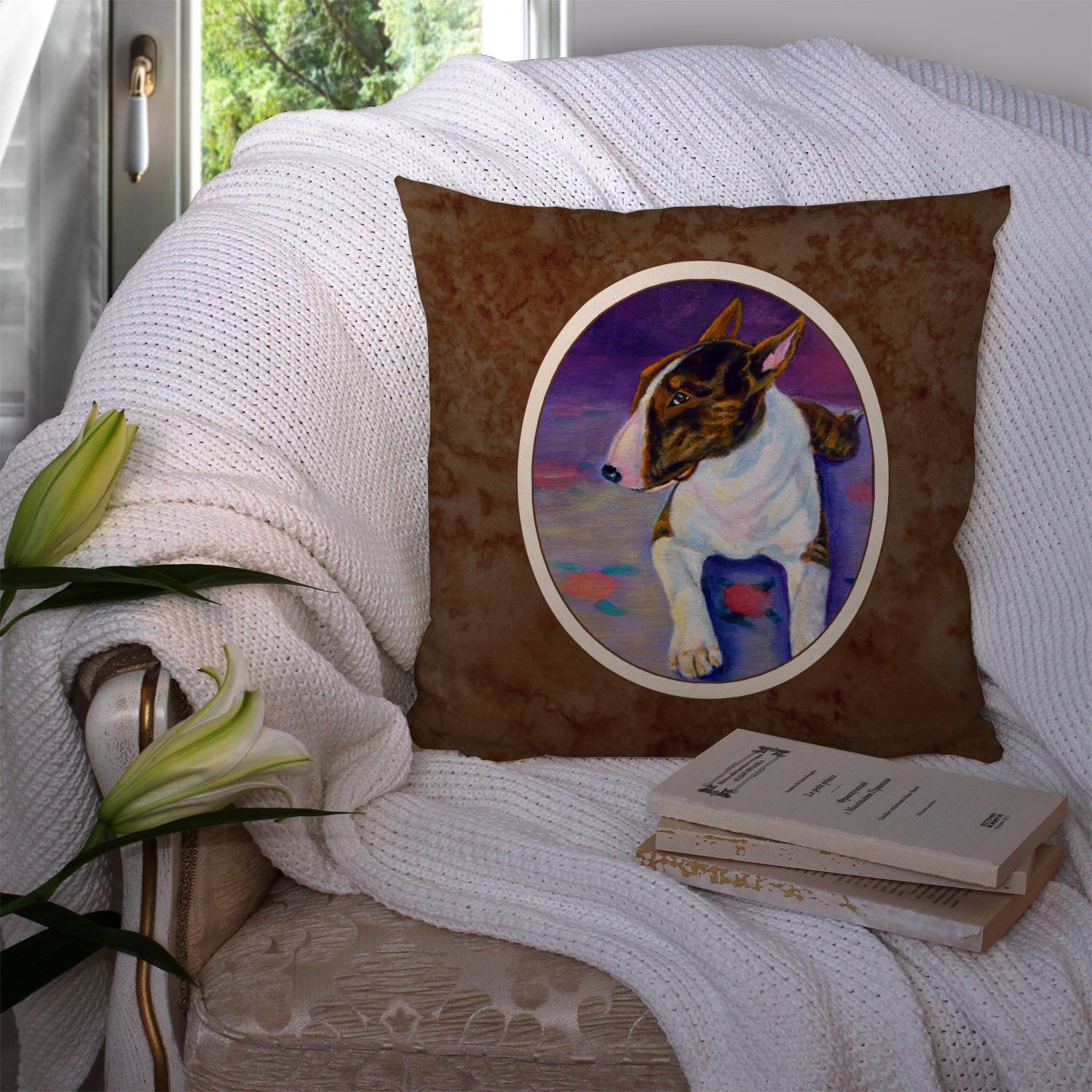 Bull Terrier Decorative Throw Pillow 14x14 Indoor Outdoor Accent Cushion, Fabric Cover with Insert for Sofa, Bed, Porch & Living Room