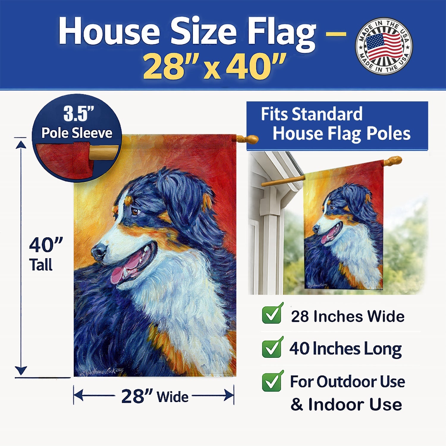 Australian Shepherd House Flag 28x40 Porch Sleeve Pole Decorative Outside Yard Banner Artwork Wall Hanging, Polyester