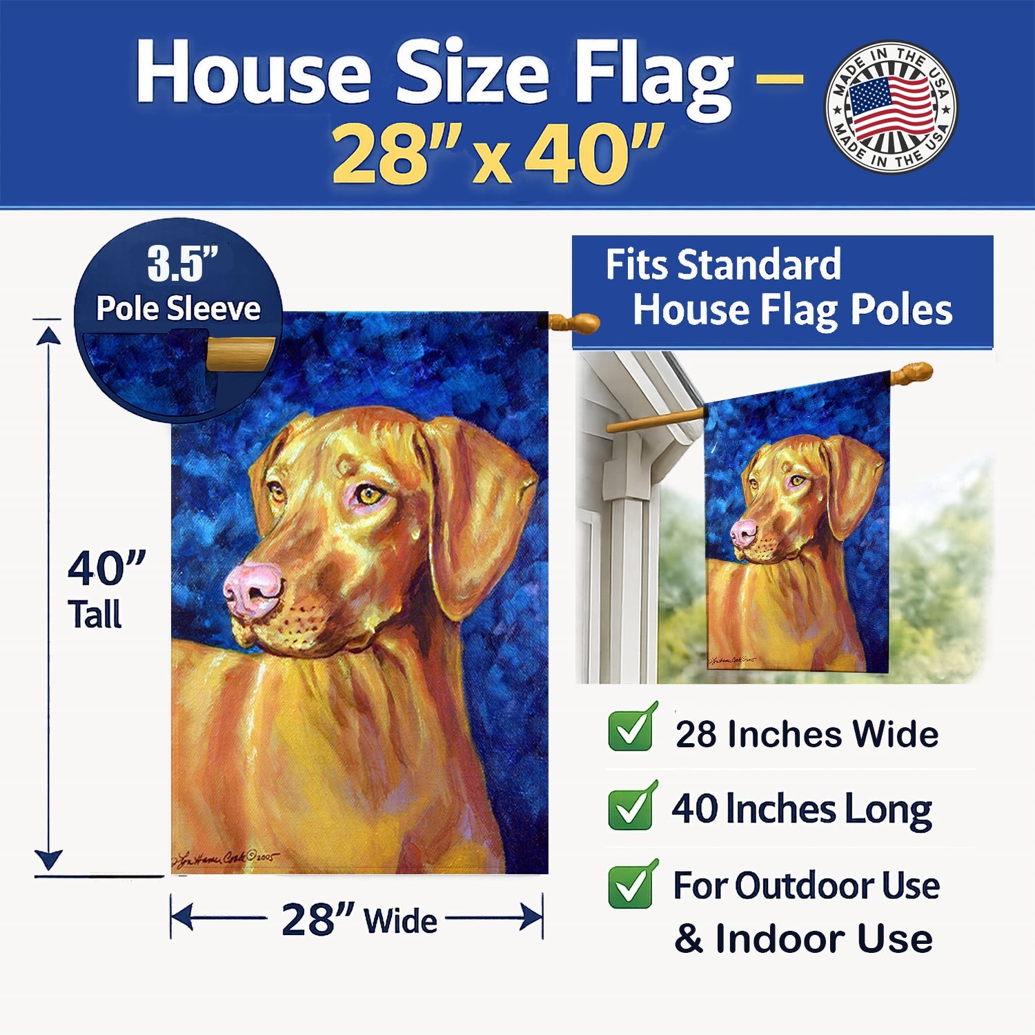 Vizsla House Flag 28x40 Porch Sleeve Pole Decorative Outside Yard Banner Artwork Wall Hanging, Polyester