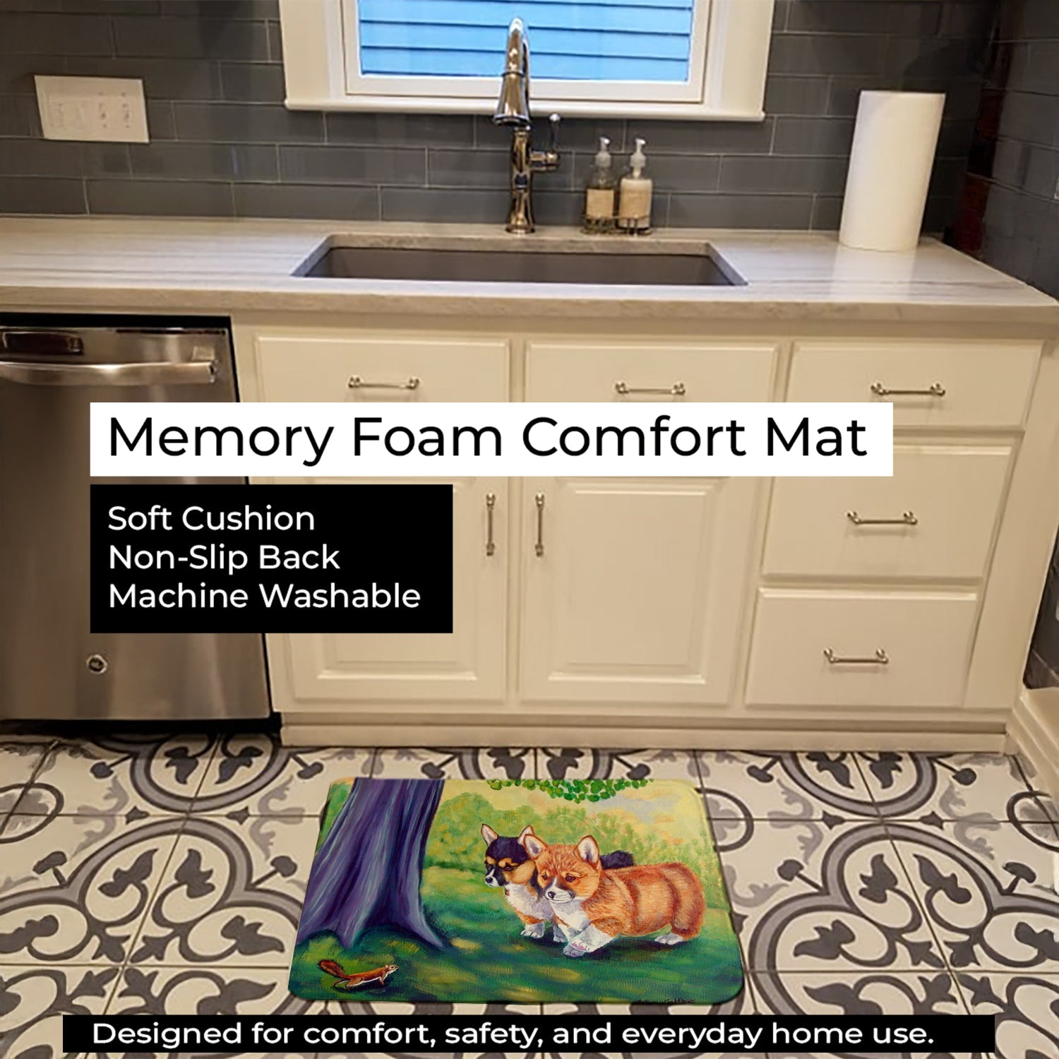 Corgi Memory Foam Kitchen Mat Machine Washable Anti-Fatigue Cushion Comfort Bath or Kitchen Rug