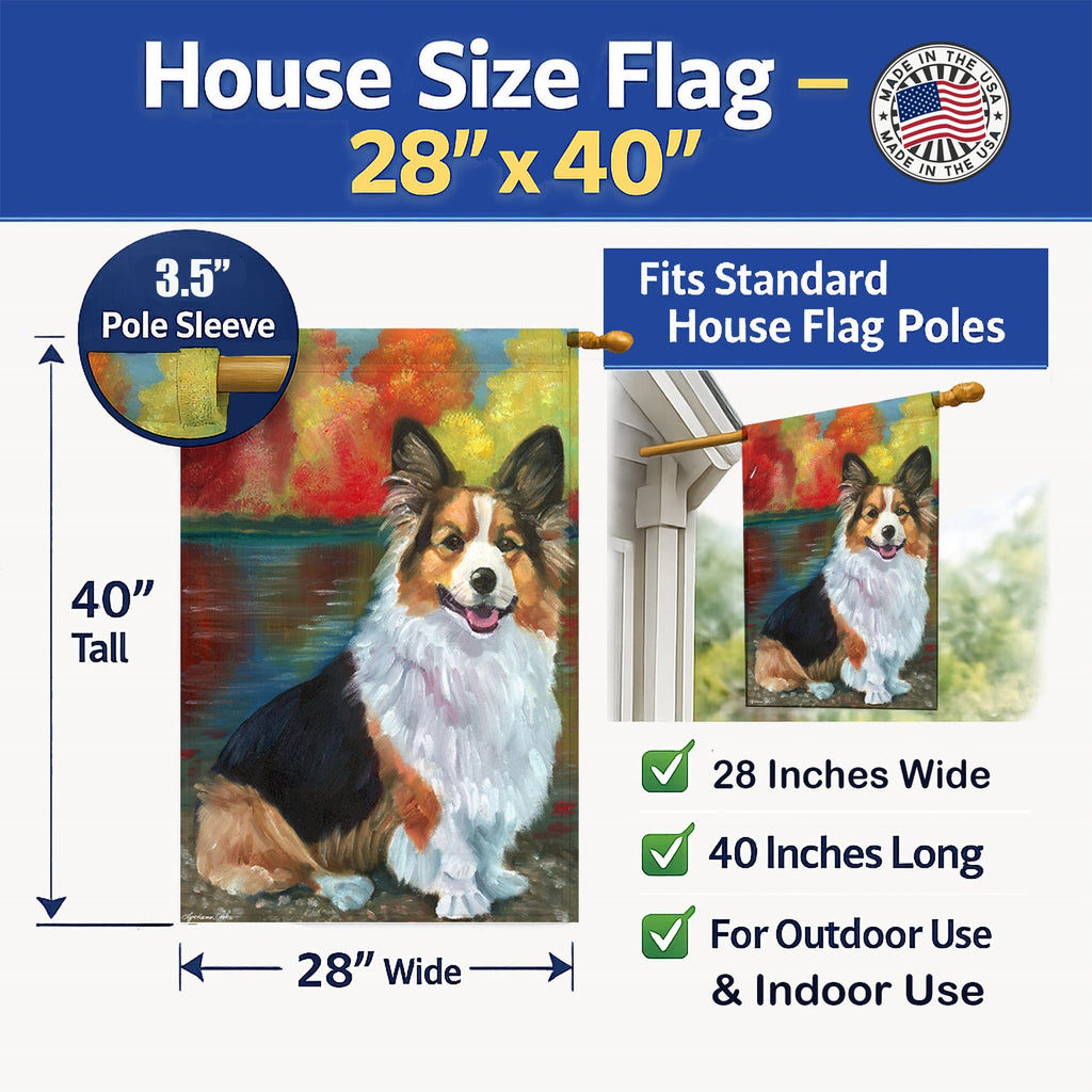 Corgi by the lake House Flag 28x40 Porch Sleeve Pole Decorative Outside Yard Banner Artwork Wall Hanging, Polyester