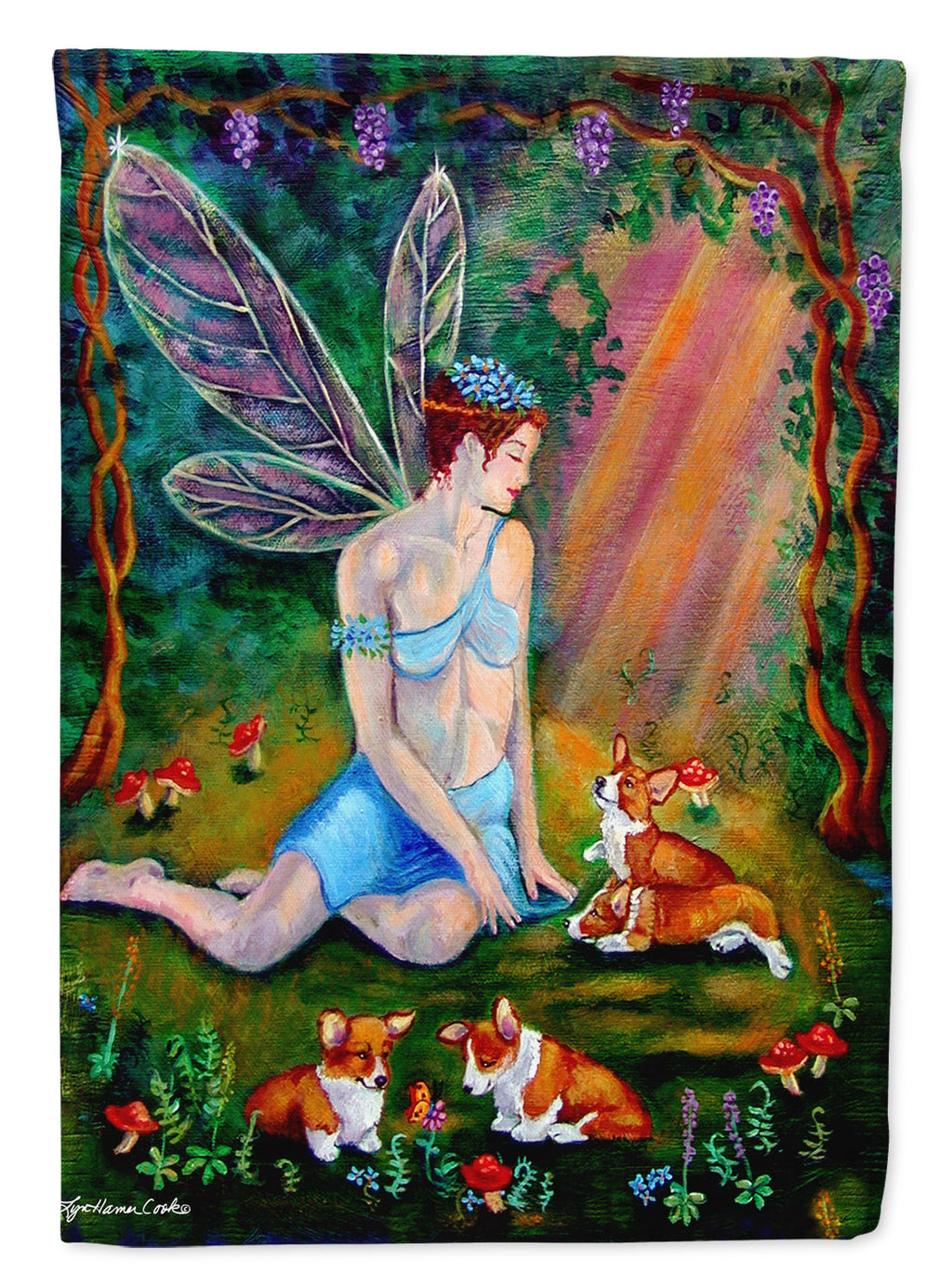 Fairy in the woods with her Corgis House Flag 28x40 Porch Sleeve Pole Decorative Outside Yard Banner Artwork Wall Hanging, Polyester