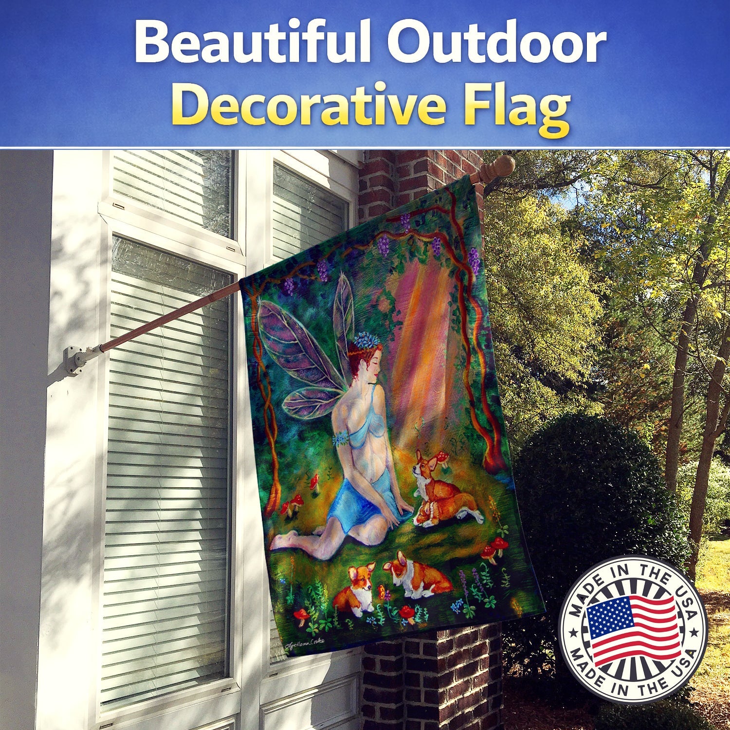 Fairy in the woods with her Corgis House Flag 28x40 Porch Sleeve Pole Decorative Outside Yard Banner Artwork Wall Hanging, Polyester