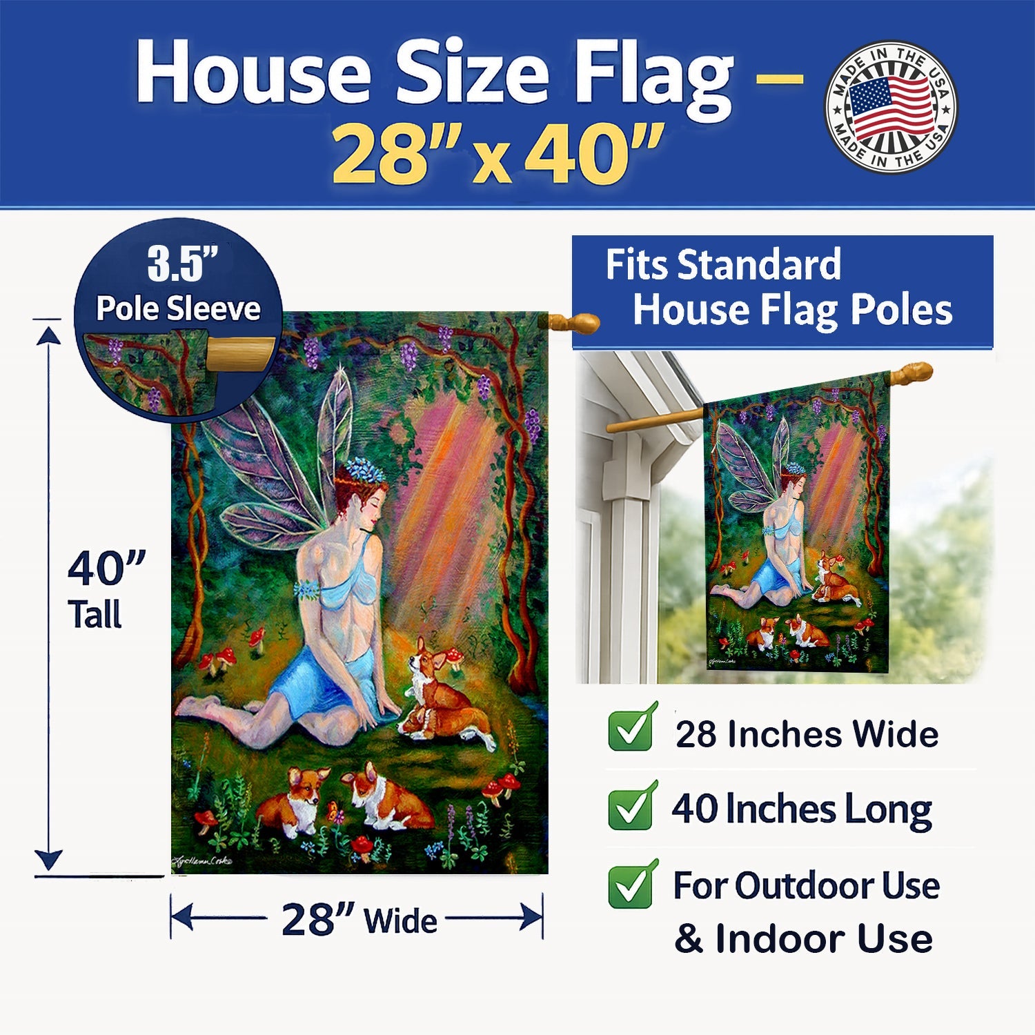 Fairy in the woods with her Corgis House Flag 28x40 Porch Sleeve Pole Decorative Outside Yard Banner Artwork Wall Hanging, Polyester
