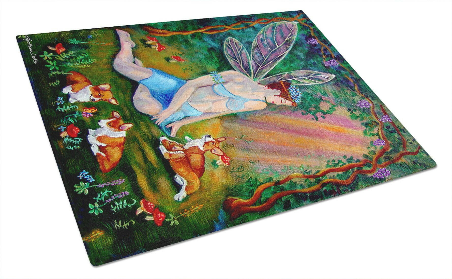 Fairy in the woods with her Corgis Cutting Board Tempered Glass Kitchen Cutting Surface, Heat Resistant Chopping, Non-Slip Feet, Food Prep & Serving