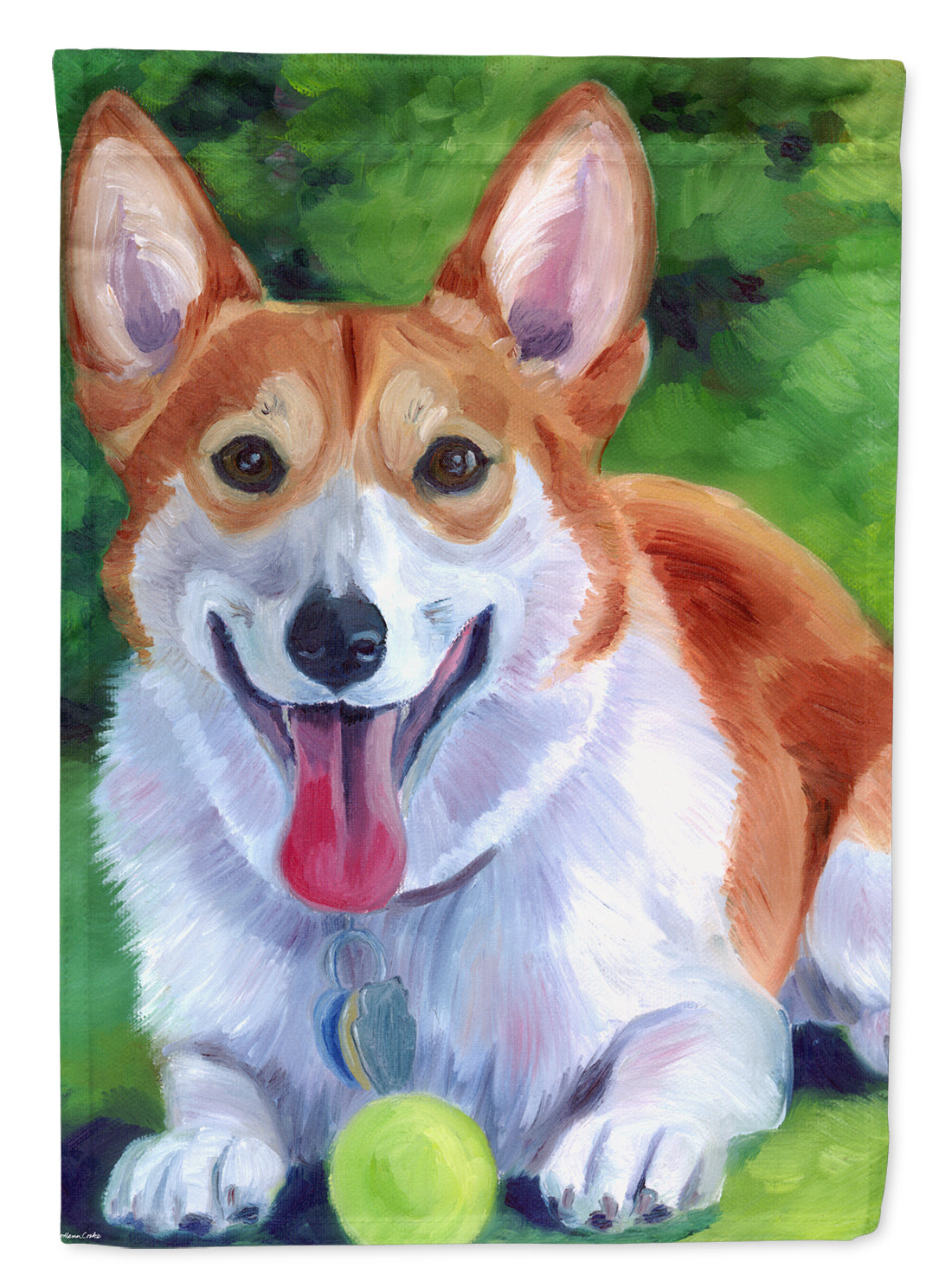 Corgi with green ball House Flag 28x40 Porch Sleeve Pole Decorative Outside Yard Banner Artwork Wall Hanging, Polyester