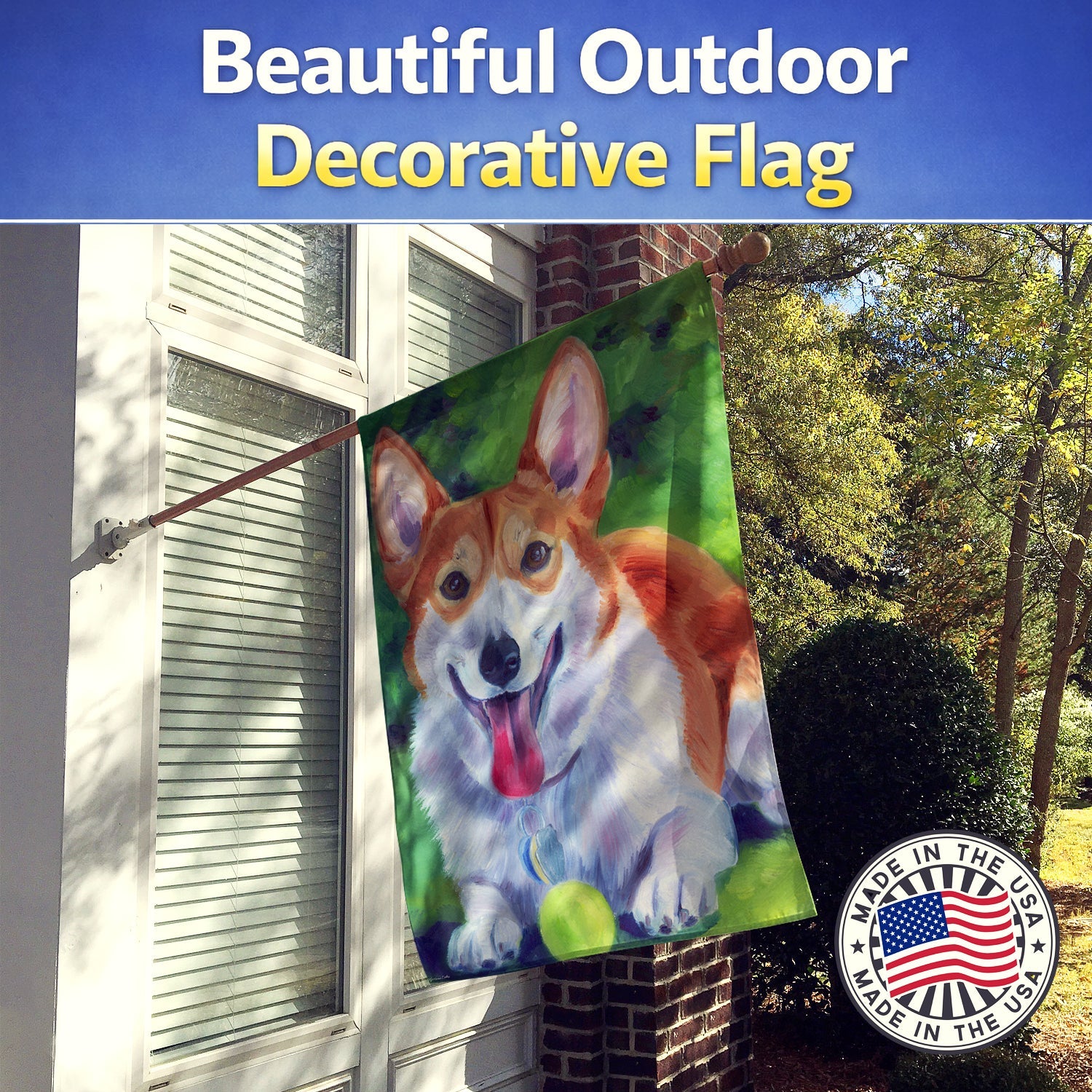 Corgi with green ball House Flag 28x40 Porch Sleeve Pole Decorative Outside Yard Banner Artwork Wall Hanging, Polyester