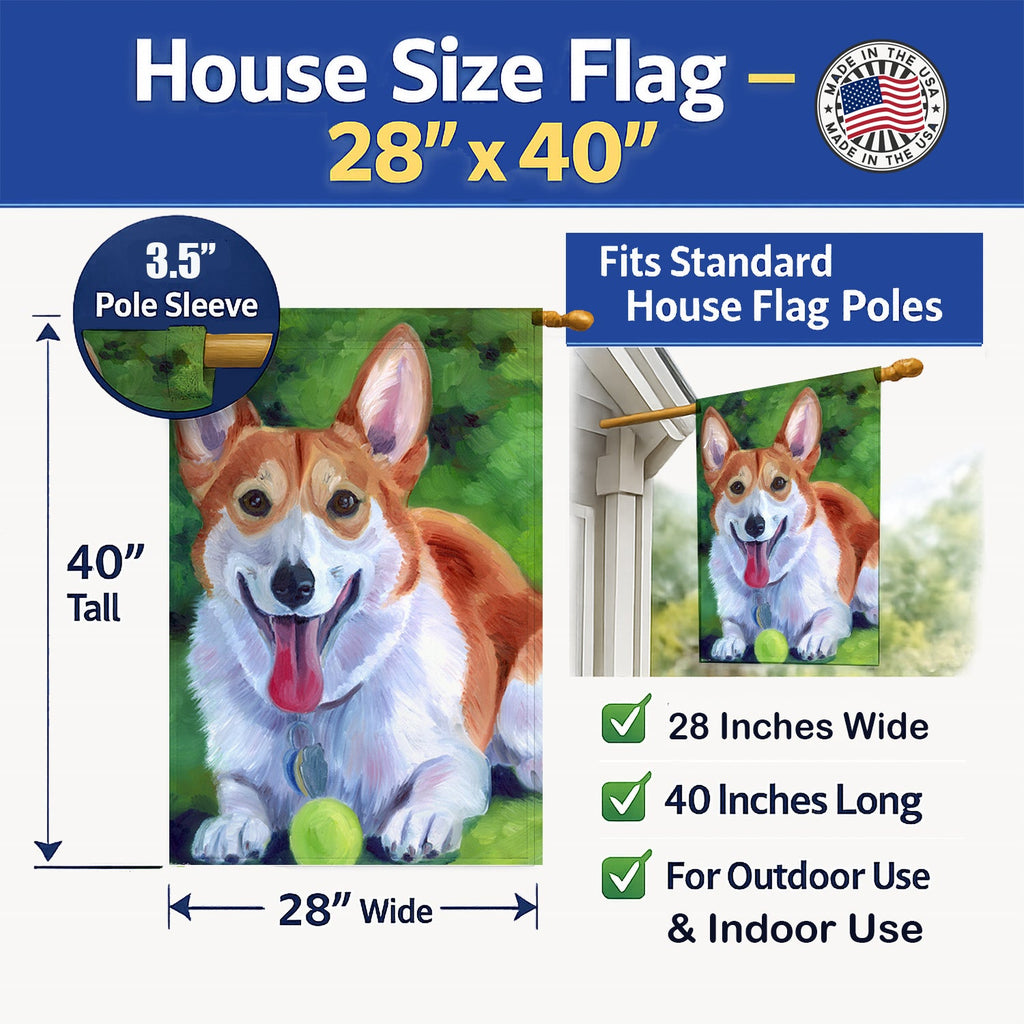 Corgi with green ball House Flag 28x40 Porch Sleeve Pole Decorative Outside Yard Banner Artwork Wall Hanging, Polyester