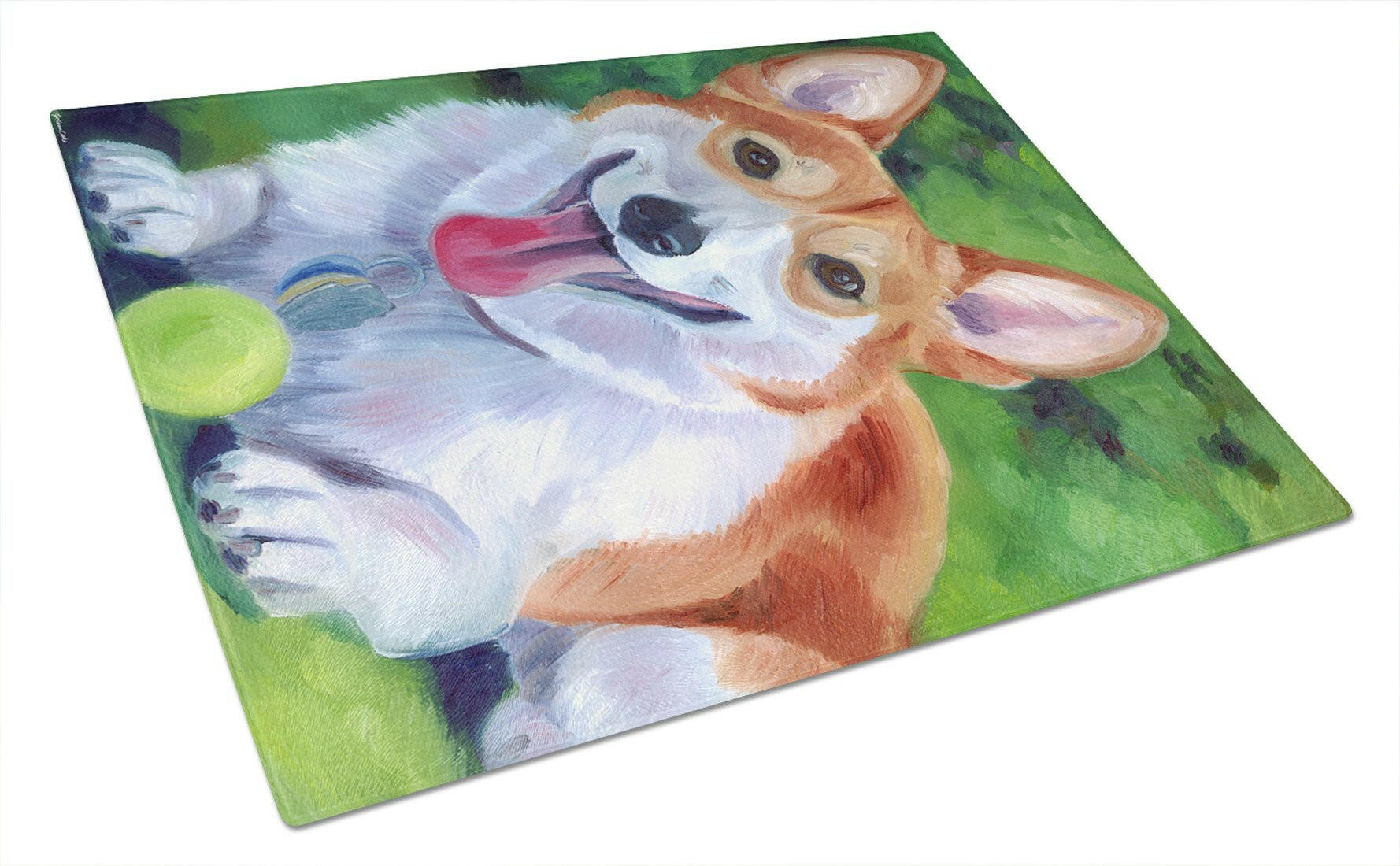Corgi with green ball Cutting Board Tempered Glass Kitchen Cutting Surface, Heat Resistant Chopping, Non-Slip Feet, Food Prep & Serving