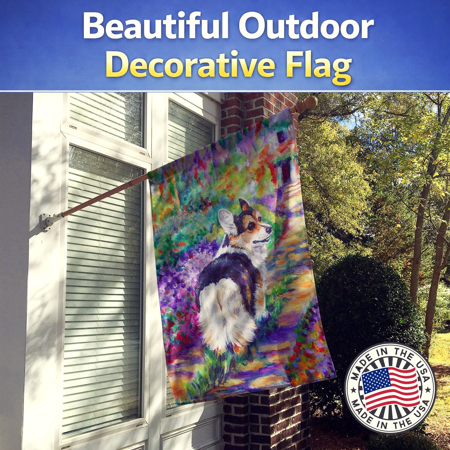 Corgi Garden Path House Flag 28x40 Porch Sleeve Pole Decorative Outside Yard Banner Artwork Wall Hanging, Polyester
