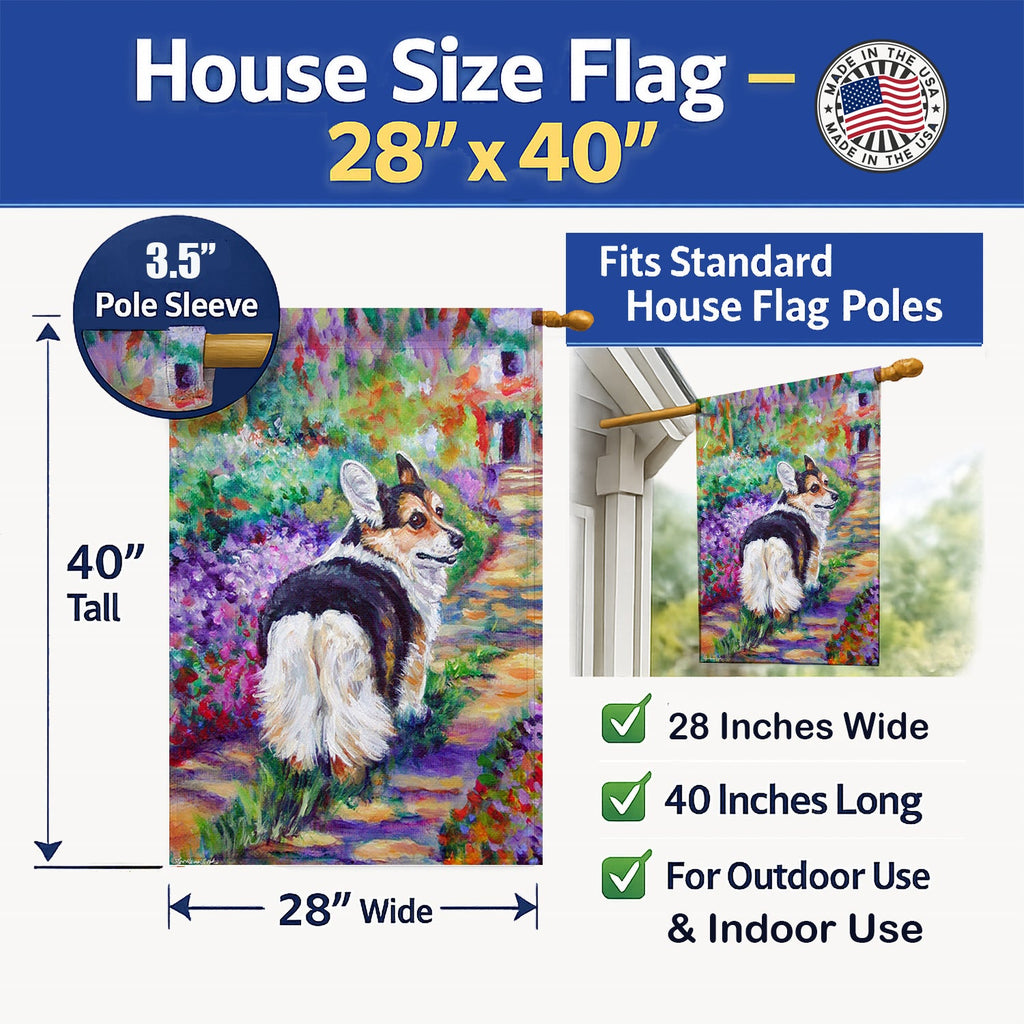 Corgi Garden Path House Flag 28x40 Porch Sleeve Pole Decorative Outside Yard Banner Artwork Wall Hanging, Polyester