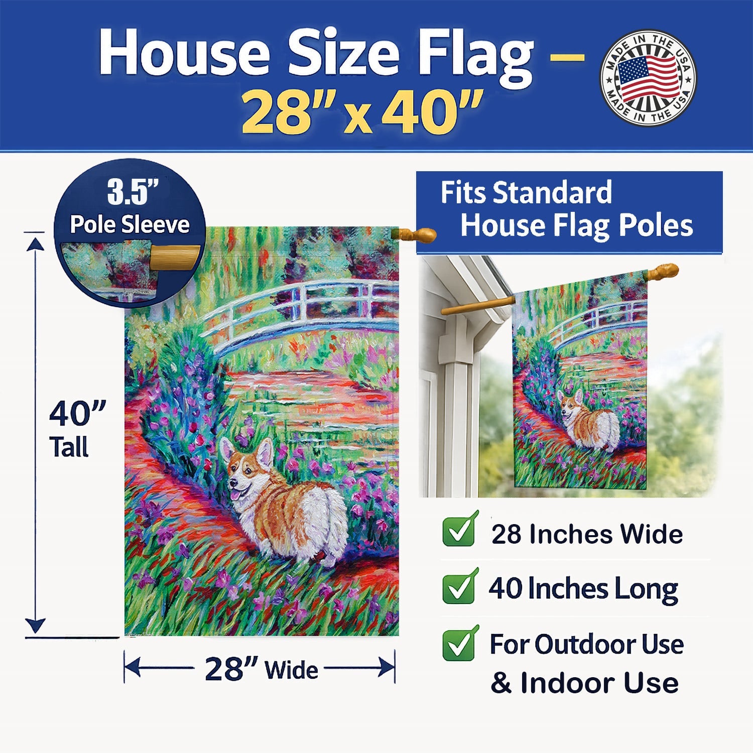 Corgi Footbridge House Flag 28x40 Porch Sleeve Pole Decorative Outside Yard Banner Artwork Wall Hanging, Polyester