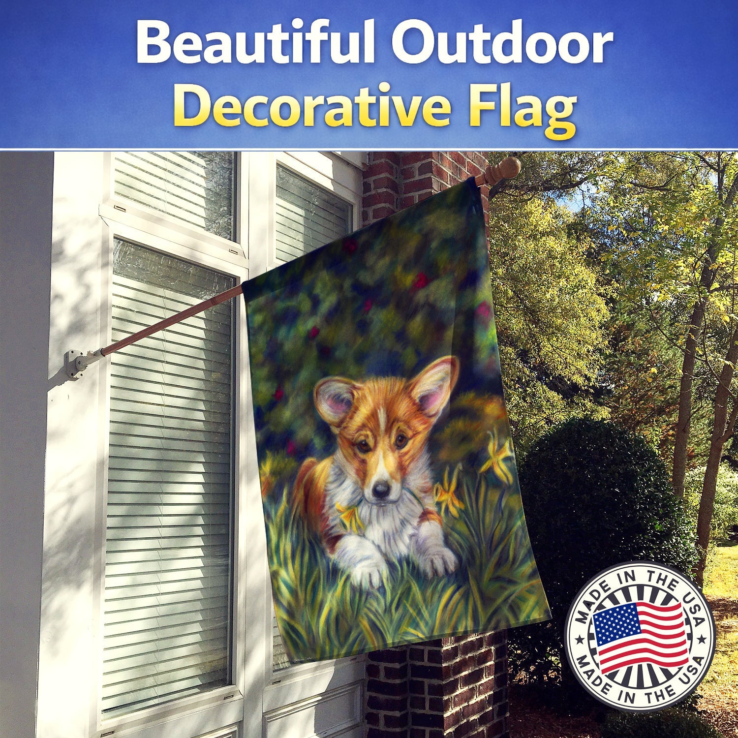 Corgi Pup and Daffodils House Flag 28x40 Porch Sleeve Pole Decorative Outside Yard Banner Artwork Wall Hanging, Polyester