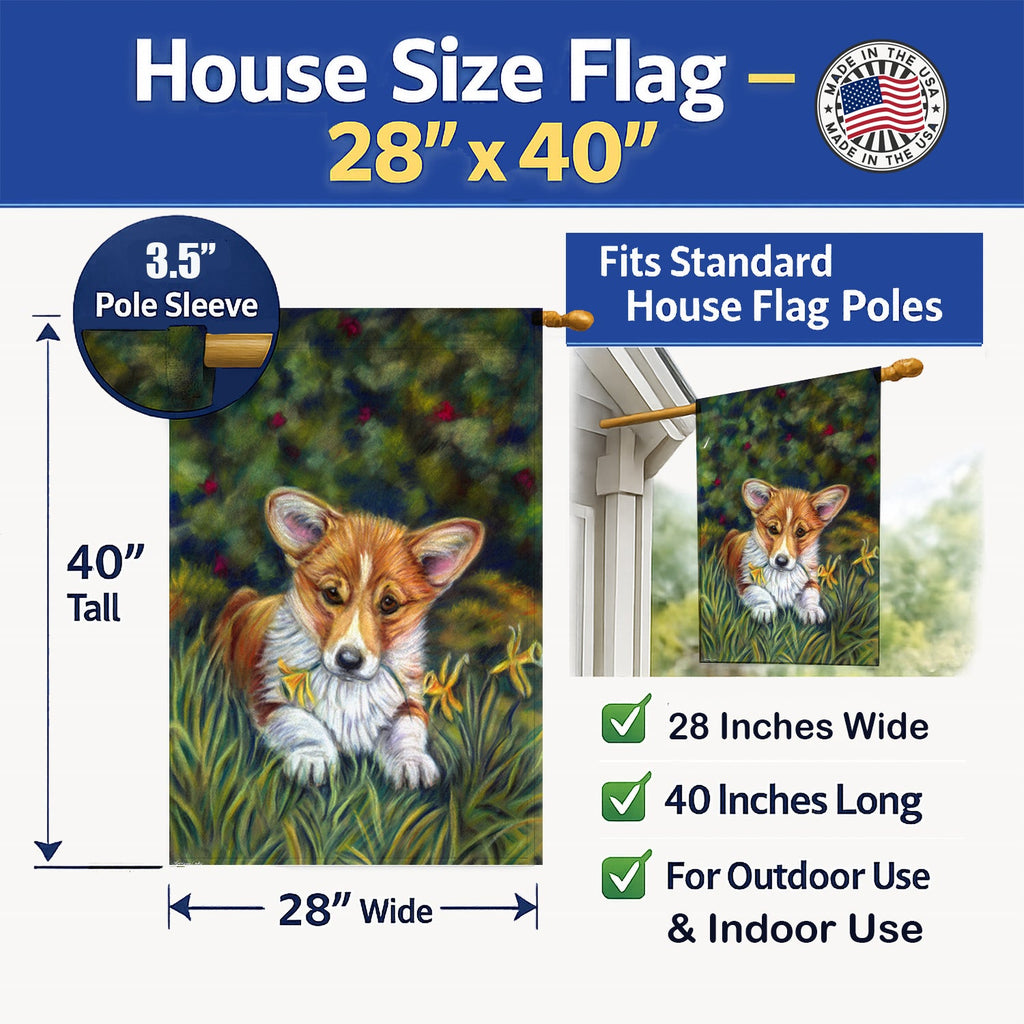 Corgi Pup and Daffodils House Flag 28x40 Porch Sleeve Pole Decorative Outside Yard Banner Artwork Wall Hanging, Polyester