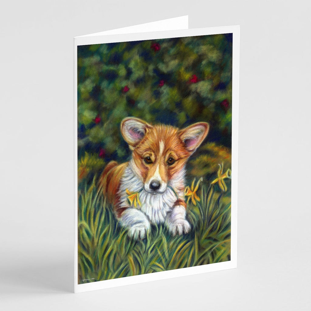 Corgi Pup and Daffodils Greeting Cards Pack of 8 Blank Cards with Envelopes Whimsical A7 Size 5x7