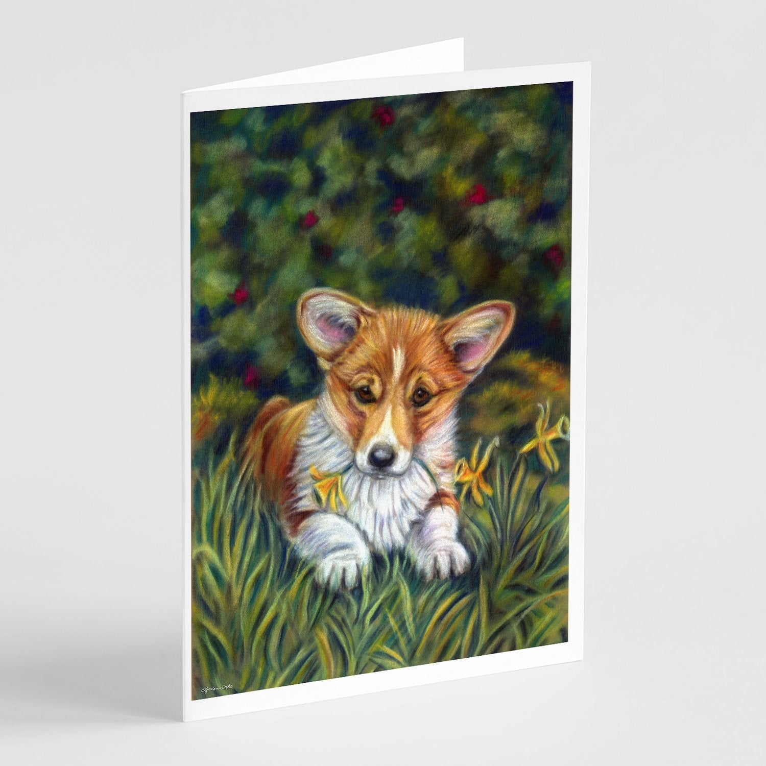 Corgi Pup and Daffodils Greeting Cards Pack of 8 Blank Cards with Envelopes Whimsical A7 Size 5x7
