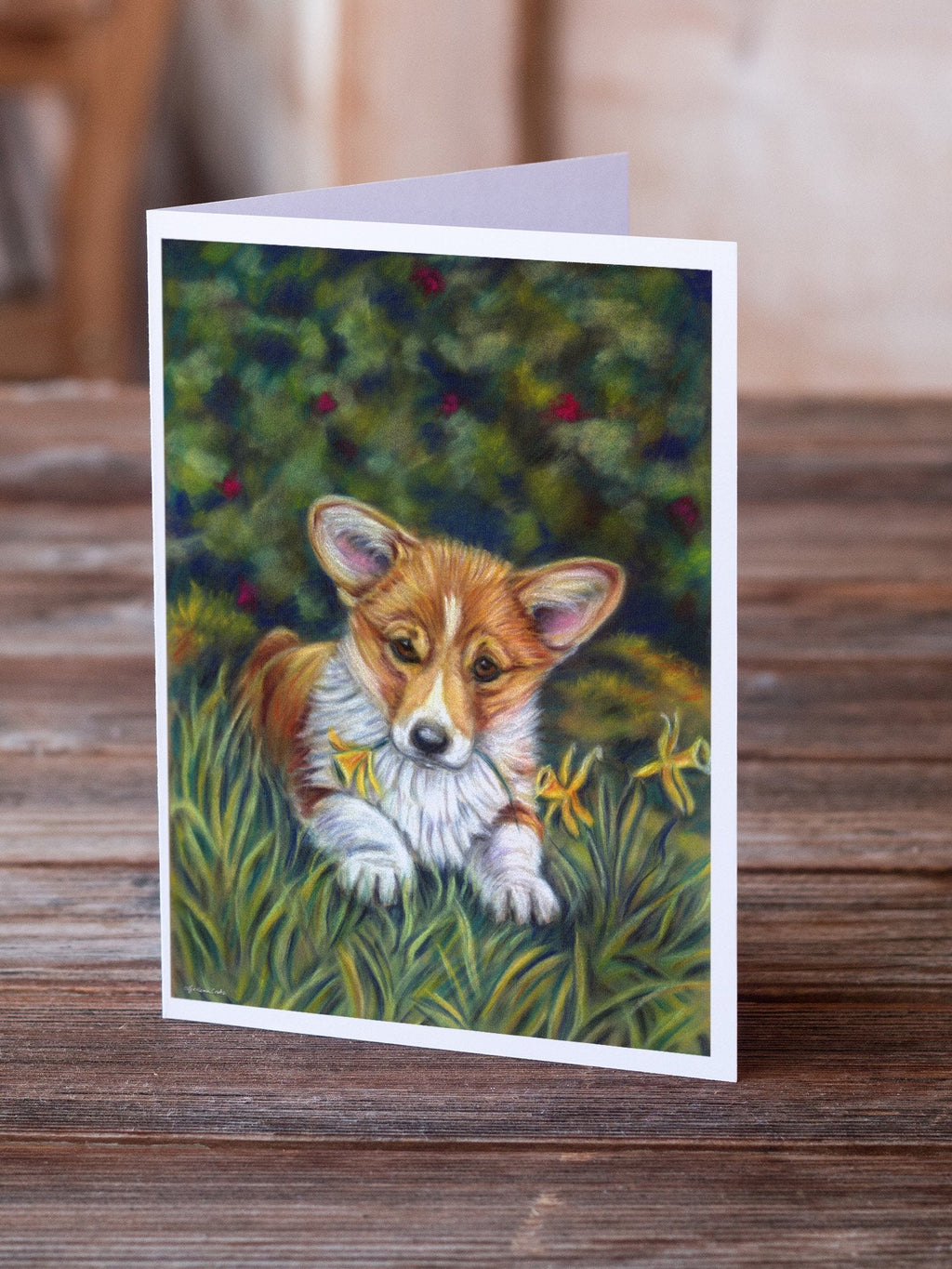 Corgi Pup and Daffodils Greeting Cards Pack of 8 Blank Cards with Envelopes Whimsical A7 Size 5x7