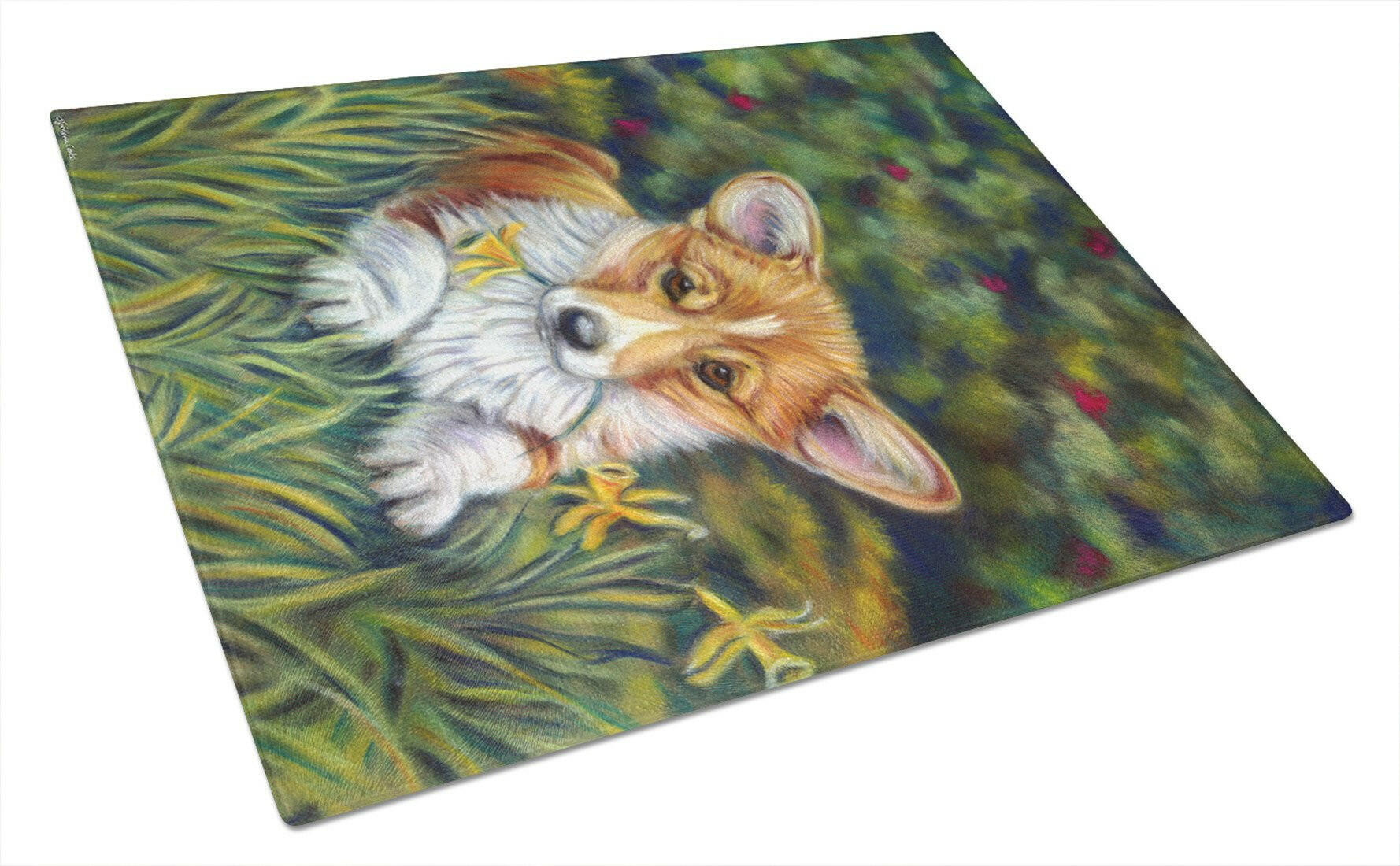 Corgi Pup and Daffodils Cutting Board Tempered Glass Kitchen Cutting Surface, Heat Resistant Chopping, Non-Slip Feet, Food Prep & Serving