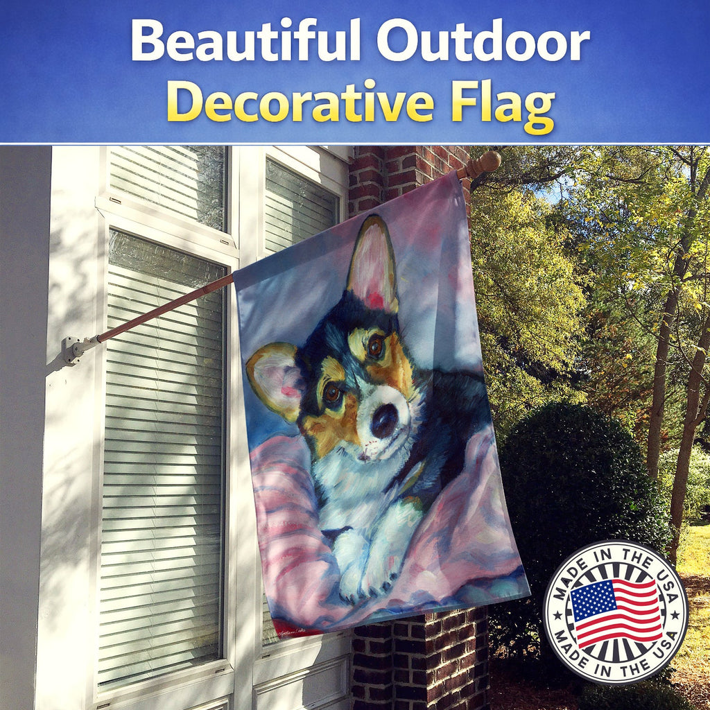 Corgi Puppy with pink blanket House Flag 28x40 Porch Sleeve Pole Decorative Outside Yard Banner Artwork Wall Hanging, Polyester