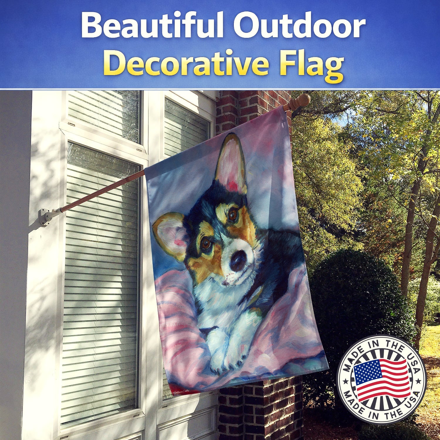 Corgi Puppy with pink blanket House Flag 28x40 Porch Sleeve Pole Decorative Outside Yard Banner Artwork Wall Hanging, Polyester