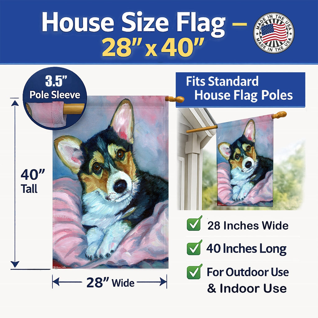 Corgi Puppy with pink blanket House Flag 28x40 Porch Sleeve Pole Decorative Outside Yard Banner Artwork Wall Hanging, Polyester