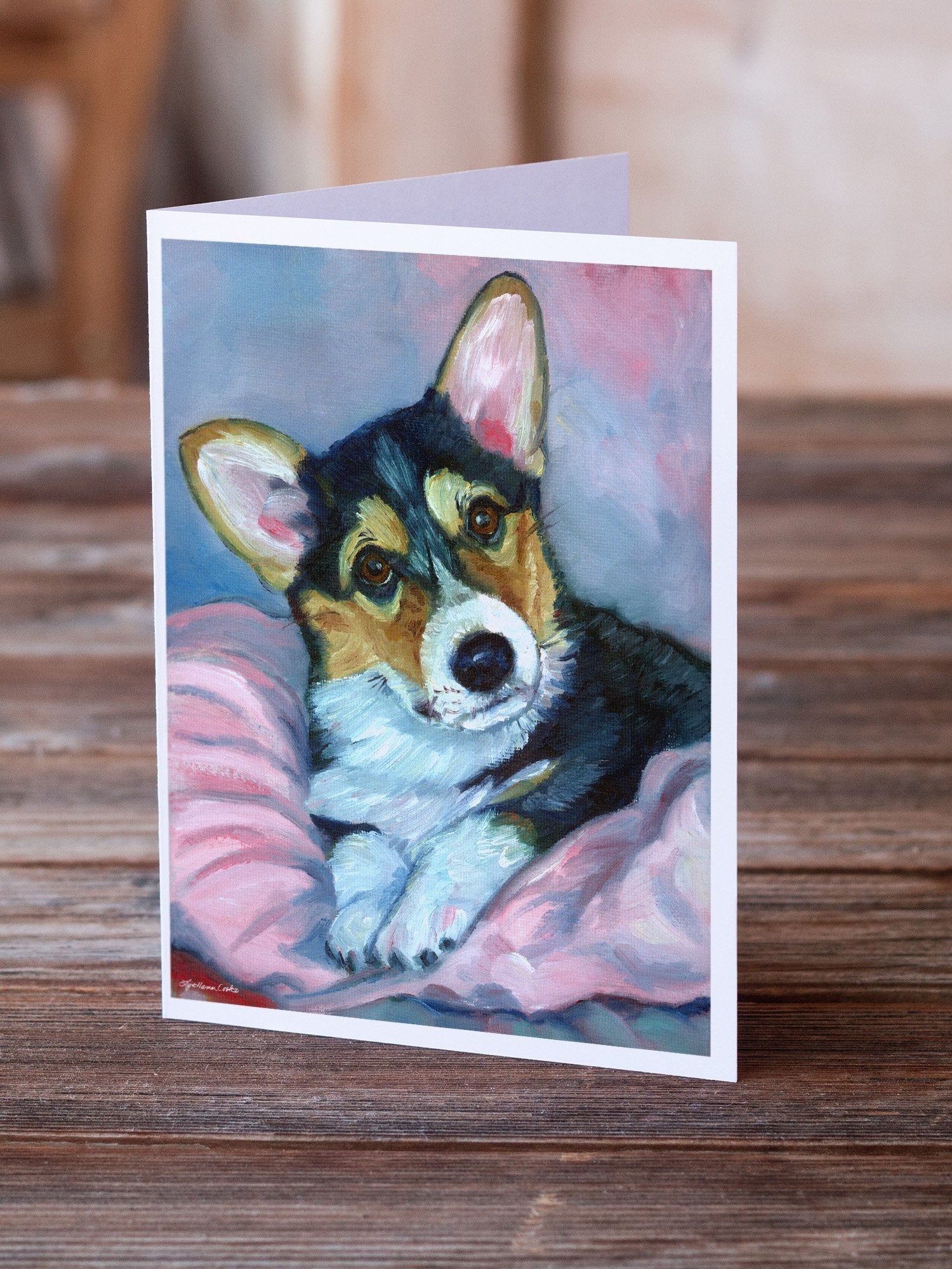 Corgi Puppy with pink blanket Greeting Cards Pack of 8 Blank Cards with Envelopes Whimsical A7 Size 5x7