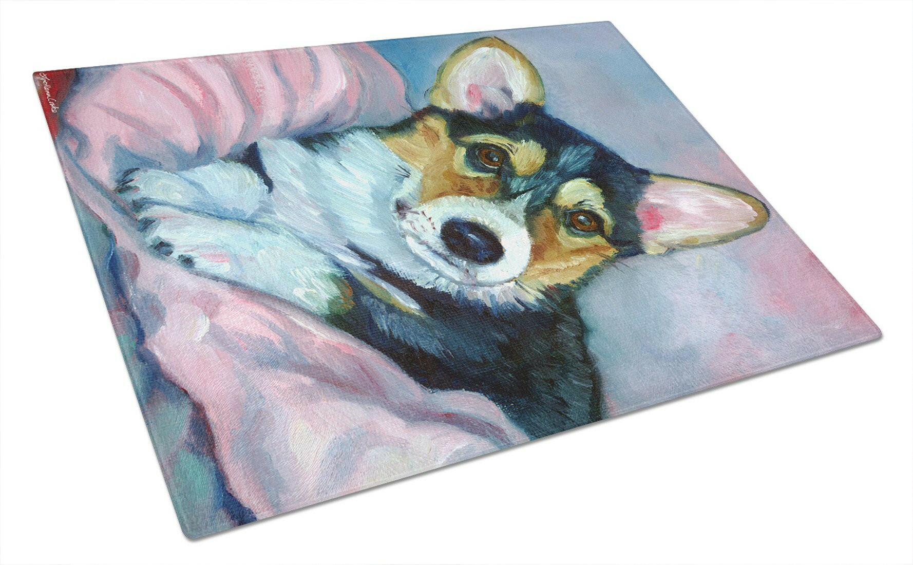 Corgi Puppy with pink blanket Cutting Board Tempered Glass Kitchen Cutting Surface, Heat Resistant Chopping, Non-Slip Feet, Food Prep & Serving