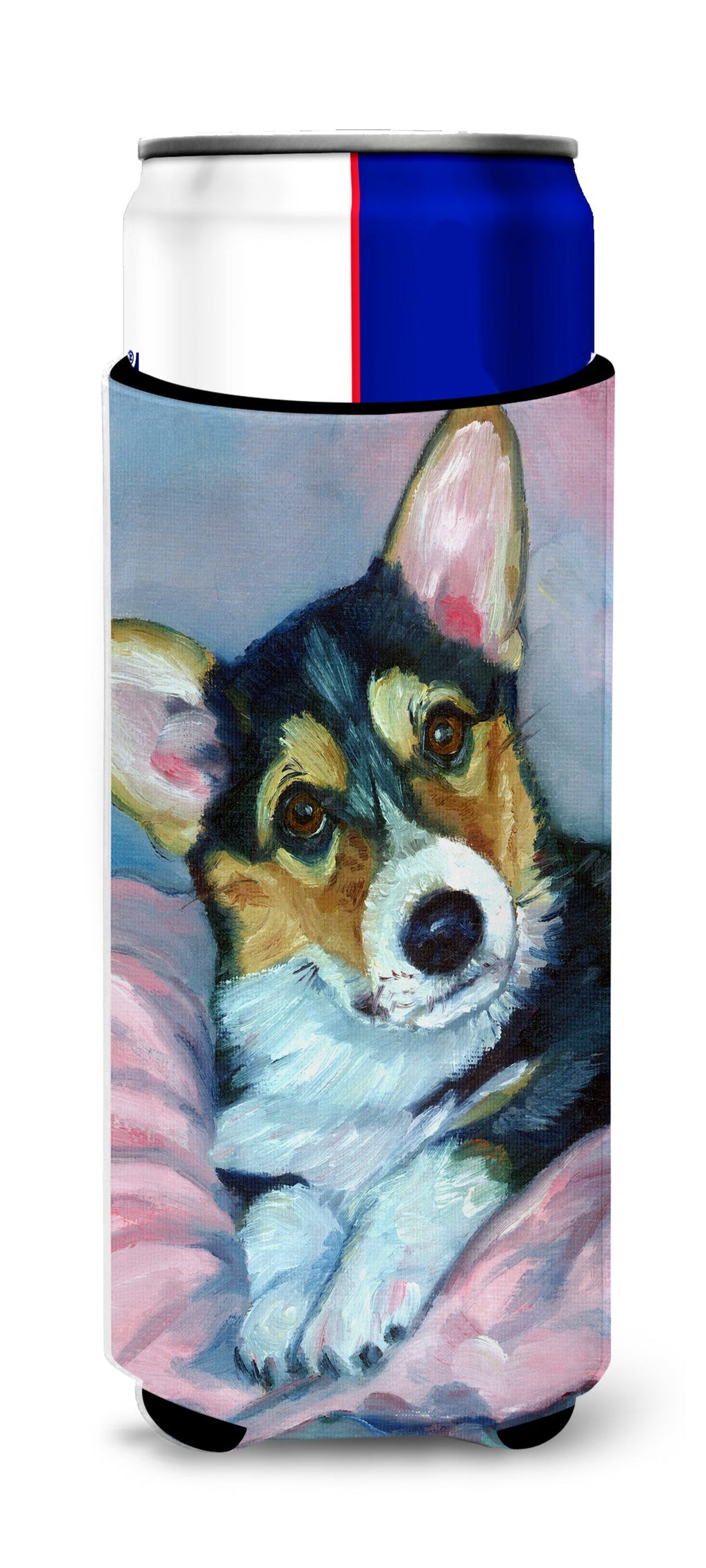 Corgi Puppy with pink blanket Slim Can Hugger , Insulated Foam Hugger for 12 oz Slim Cans, Beer Bottles & Water Bottles, Printed in USA