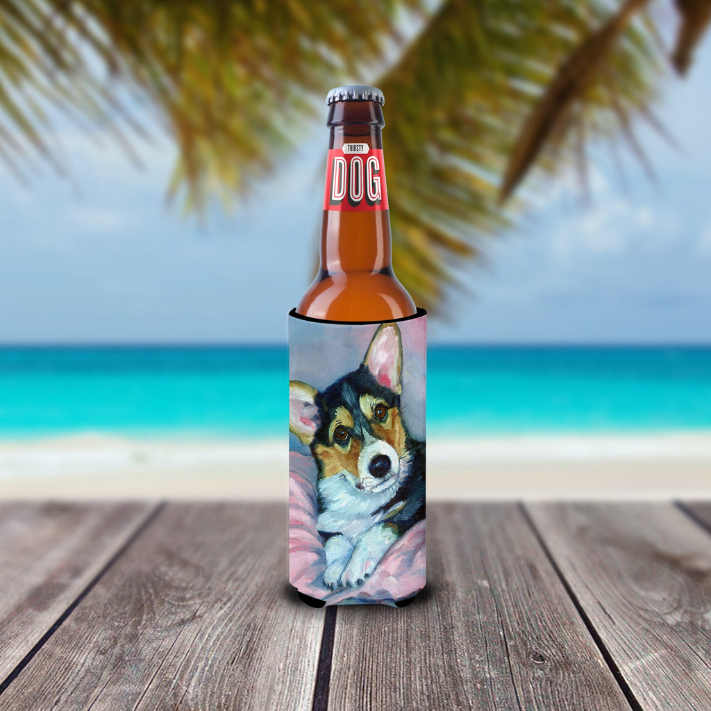 Corgi Puppy with pink blanket Slim Can Hugger , Insulated Foam Hugger for 12 oz Slim Cans, Beer Bottles & Water Bottles, Printed in USA