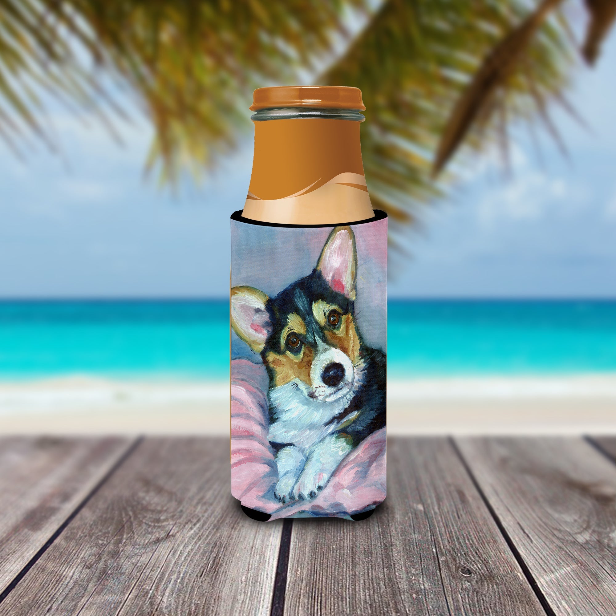 Corgi Puppy with pink blanket Slim Can Hugger , Insulated Foam Hugger for 12 oz Slim Cans, Beer Bottles & Water Bottles, Printed in USA