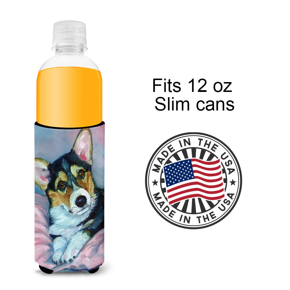 Corgi Puppy with pink blanket Slim Can Hugger , Insulated Foam Hugger for 12 oz Slim Cans, Beer Bottles & Water Bottles, Printed in USA