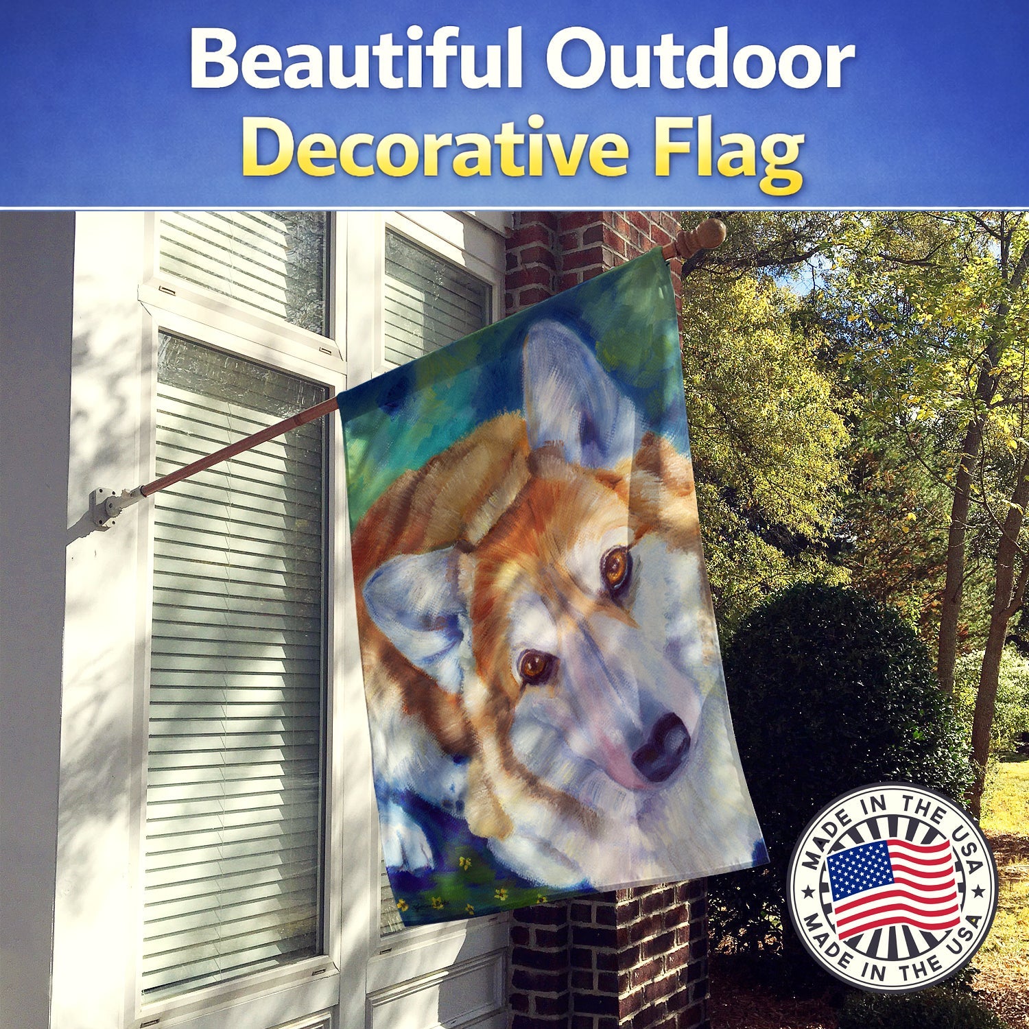 Corgi Mini Daises House Flag 28x40 Porch Sleeve Pole Decorative Outside Yard Banner Artwork Wall Hanging, Polyester