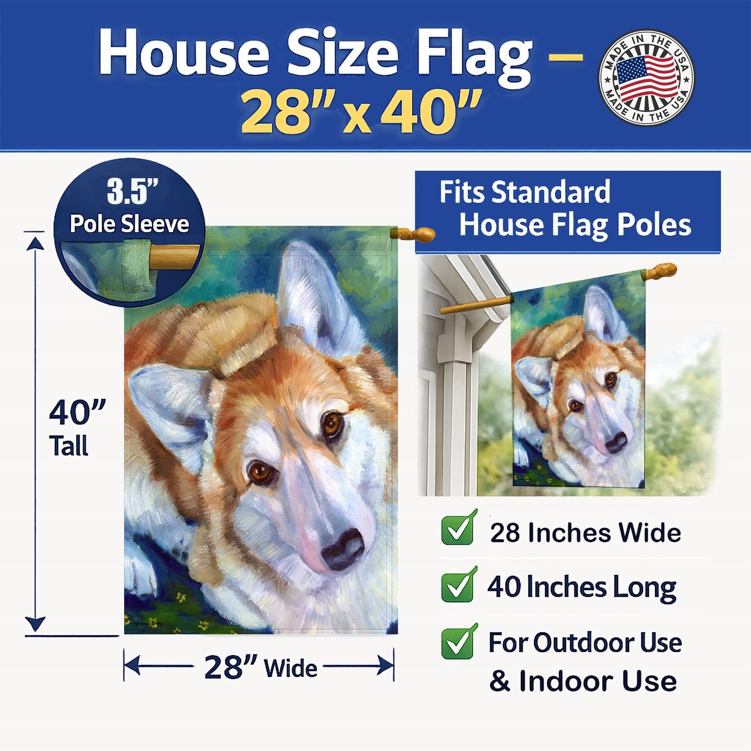 Corgi Mini Daises House Flag 28x40 Porch Sleeve Pole Decorative Outside Yard Banner Artwork Wall Hanging, Polyester