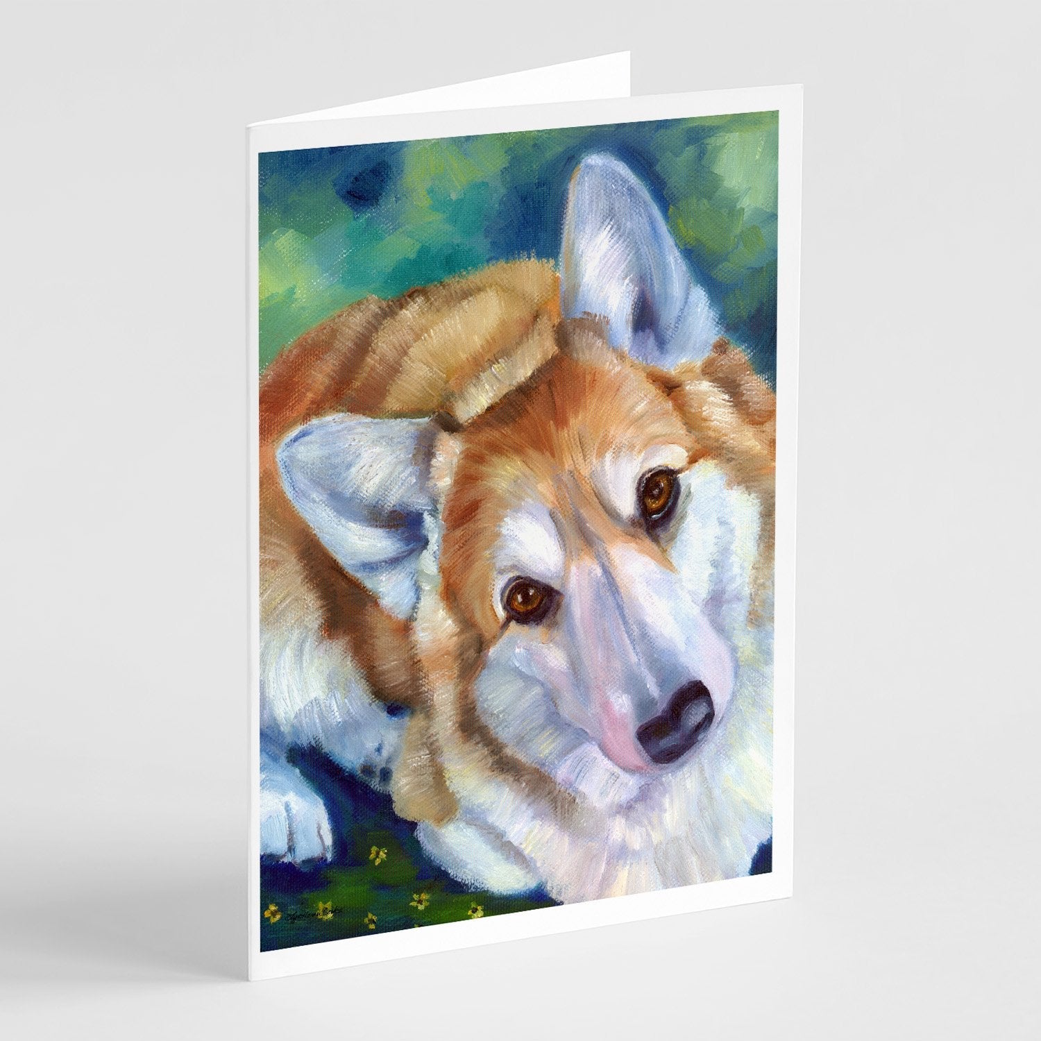 Corgi Mini Daises Greeting Cards Pack of 8 Blank Cards with Envelopes Whimsical A7 Size 5x7