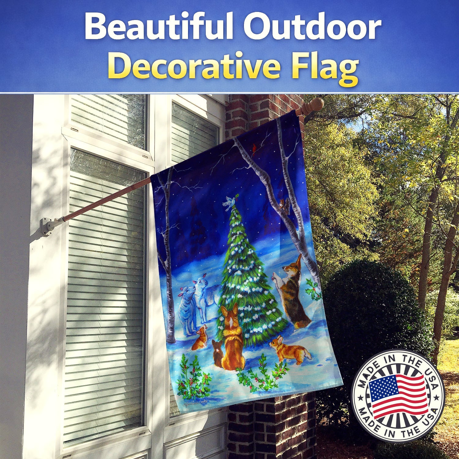 Corgi Christmas Peace House Flag 28x40 Porch Sleeve Pole Decorative Outside Yard Banner Artwork Wall Hanging, Polyester