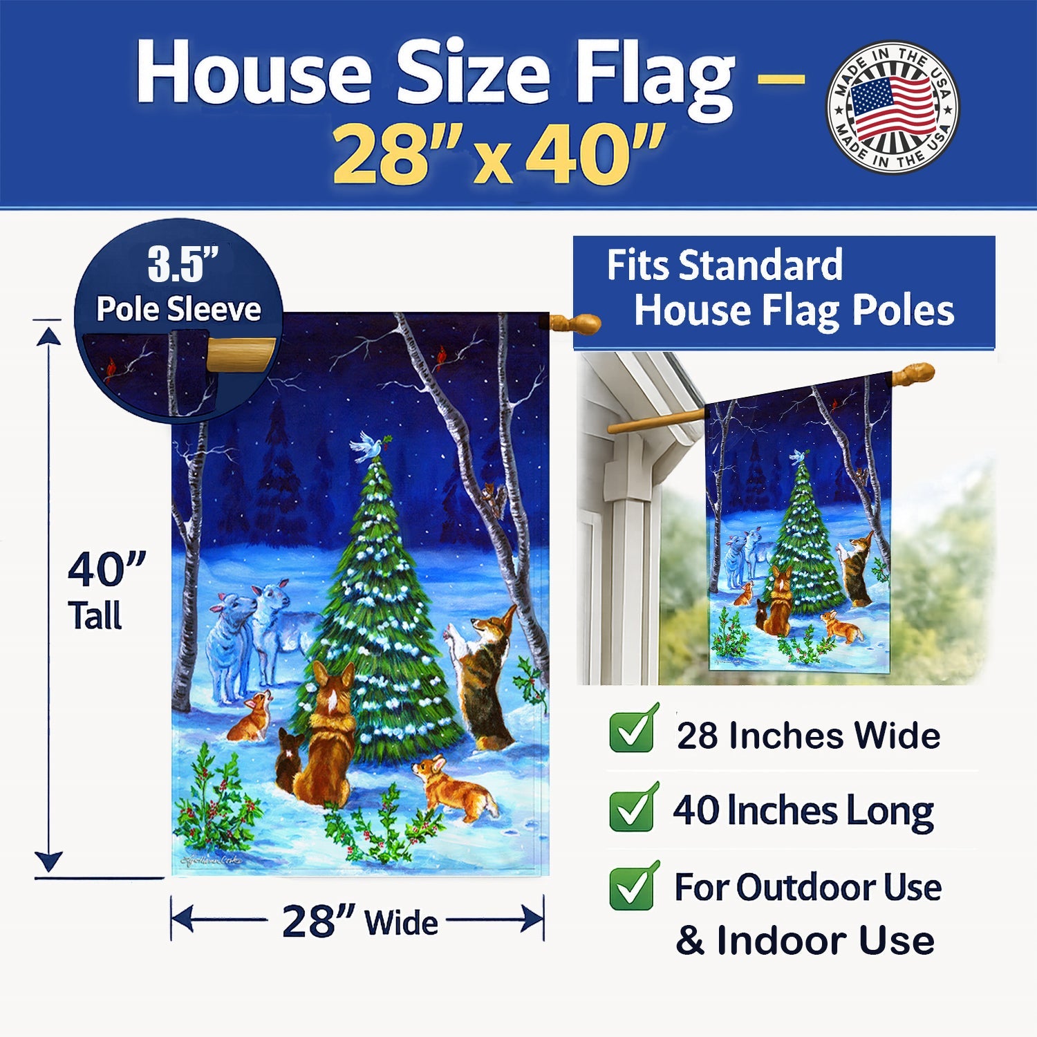 Corgi Christmas Peace House Flag 28x40 Porch Sleeve Pole Decorative Outside Yard Banner Artwork Wall Hanging, Polyester
