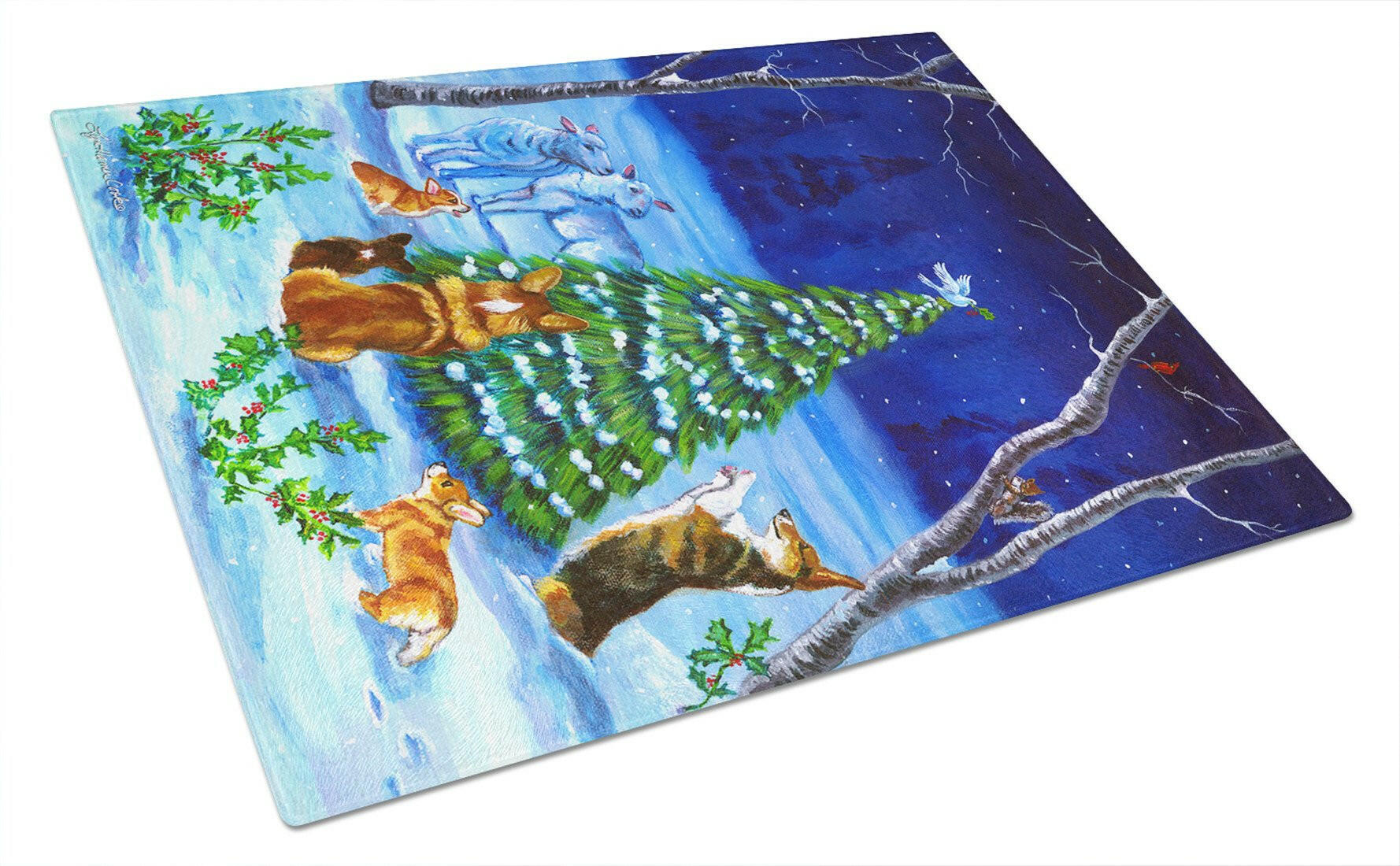 Corgi Christmas Peace Cutting Board Tempered Glass Kitchen Cutting Surface, Heat Resistant Chopping, Non-Slip Feet, Food Prep & Serving