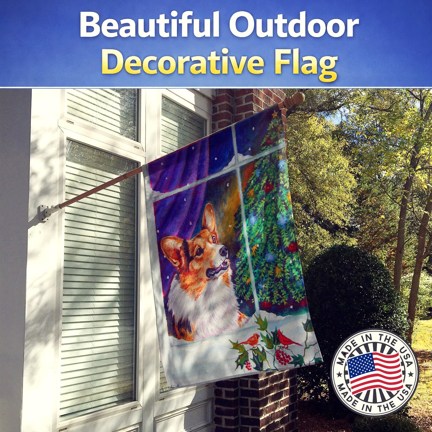Corgi Christmas Window House Flag 28x40 Porch Sleeve Pole Decorative Outside Yard Banner Artwork Wall Hanging, Polyester