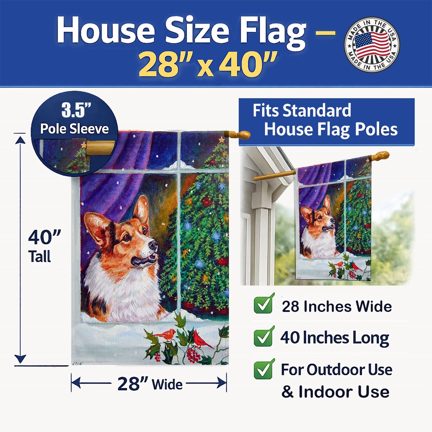 Corgi Christmas Window House Flag 28x40 Porch Sleeve Pole Decorative Outside Yard Banner Artwork Wall Hanging, Polyester