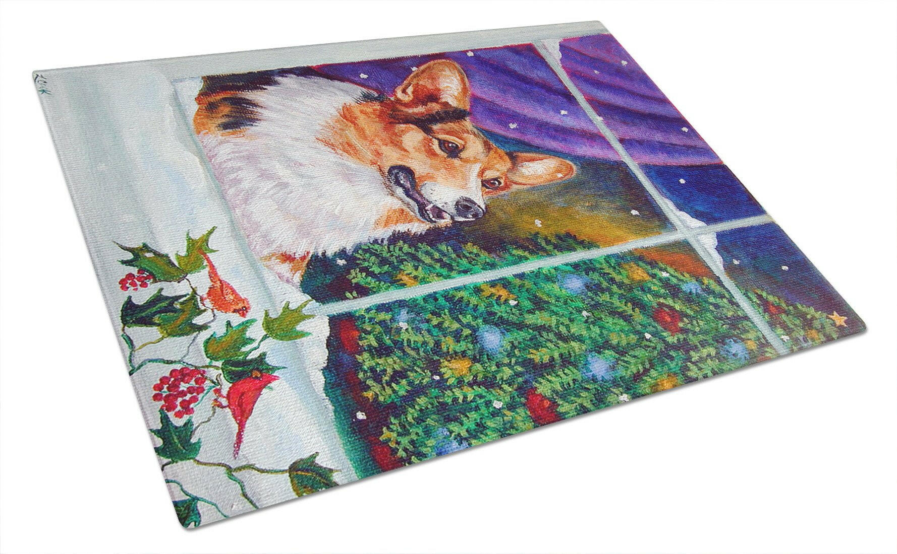 Corgi Christmas Window Cutting Board Tempered Glass Kitchen Cutting Surface, Heat Resistant Chopping, Non-Slip Feet, Food Prep & Serving