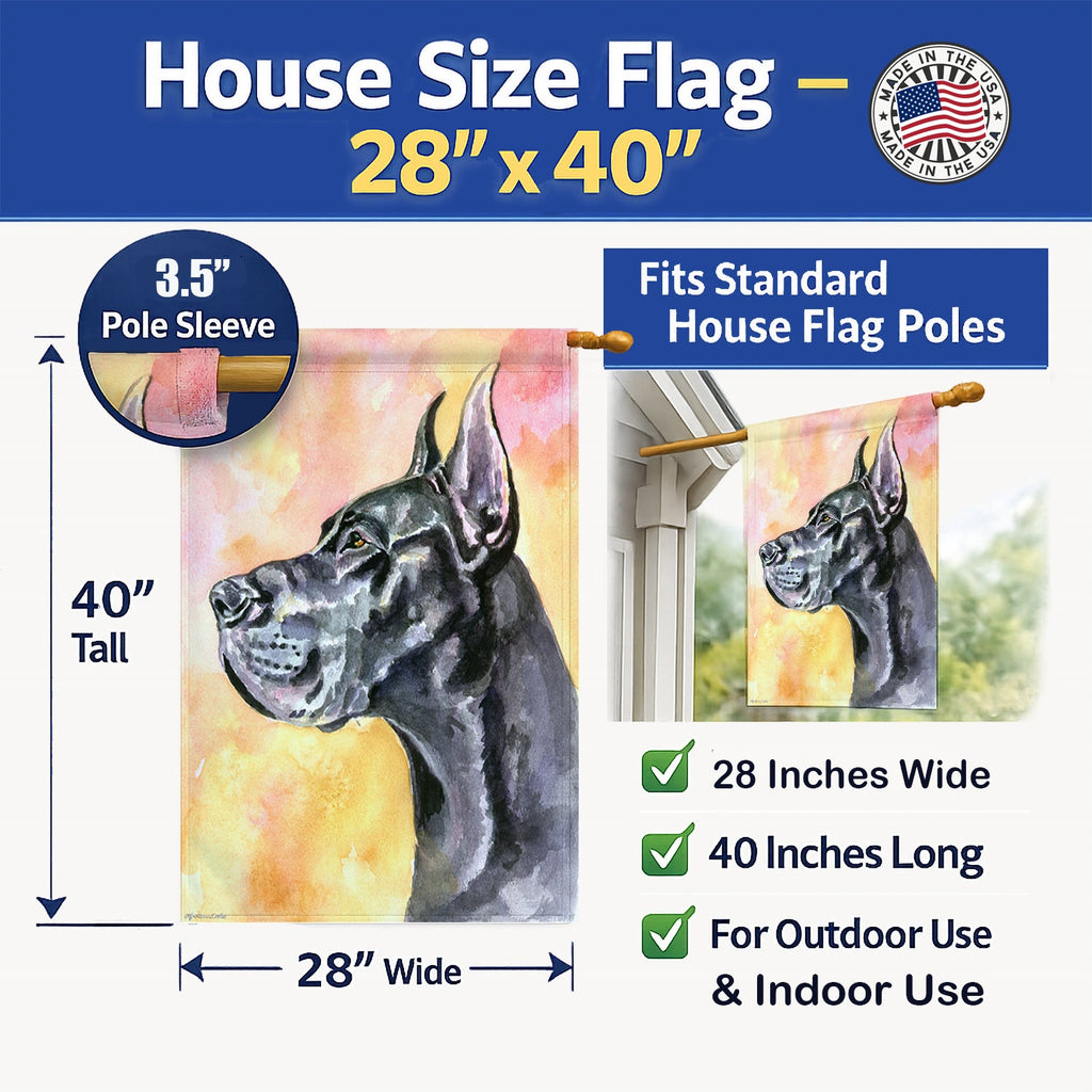 Great Dane Black Cropped House Flag 28x40 Porch Sleeve Pole Decorative Outside Yard Banner Artwork Wall Hanging, Polyester
