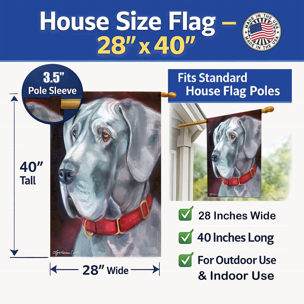 Great Dane Natural Ears Red Collar House Flag 28x40 Porch Sleeve Pole Decorative Outside Yard Banner Artwork Wall Hanging, Polyester