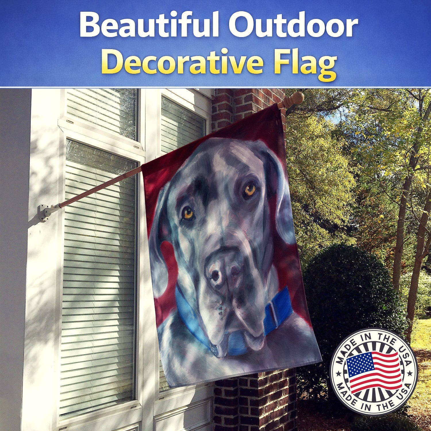 Great Dane Natural Ears Blue Collar House Flag 28x40 Porch Sleeve Pole Decorative Outside Yard Banner Artwork Wall Hanging, Polyester